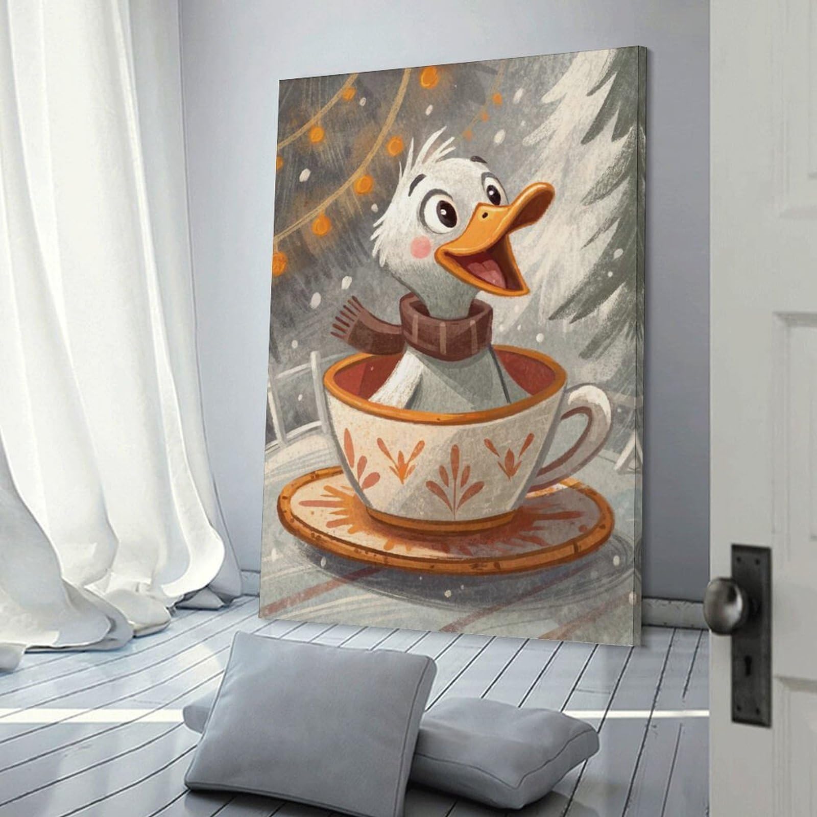 Junmoney Frame-Style-10-1 Duckling In Teacup Winter Scene Canvas Wall Decor, 20X30inch(50X75cm), For Gallery Wall Decor And Room Displays, Wall Decor Suited To Curated Displays