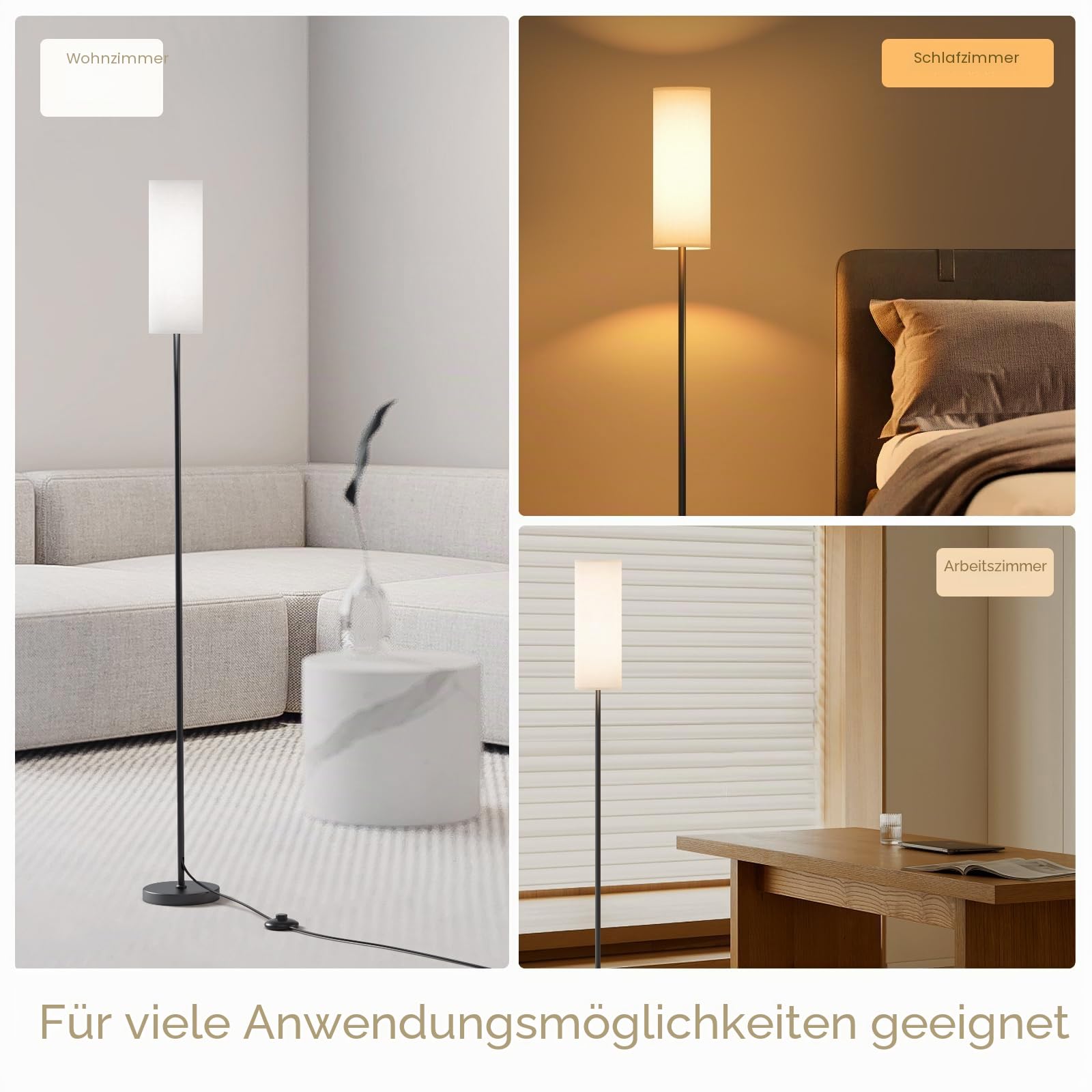 9W LED Stehlampe, Stehlampe Wohnzimmer Dimmbar, Stehleuchte mit 3 Farbtemperaturen, E27 Leselampe Standleuchte mit Leinen Lampenschirm & Fußschalter, Vintage für Schlafzimmer, Weiß