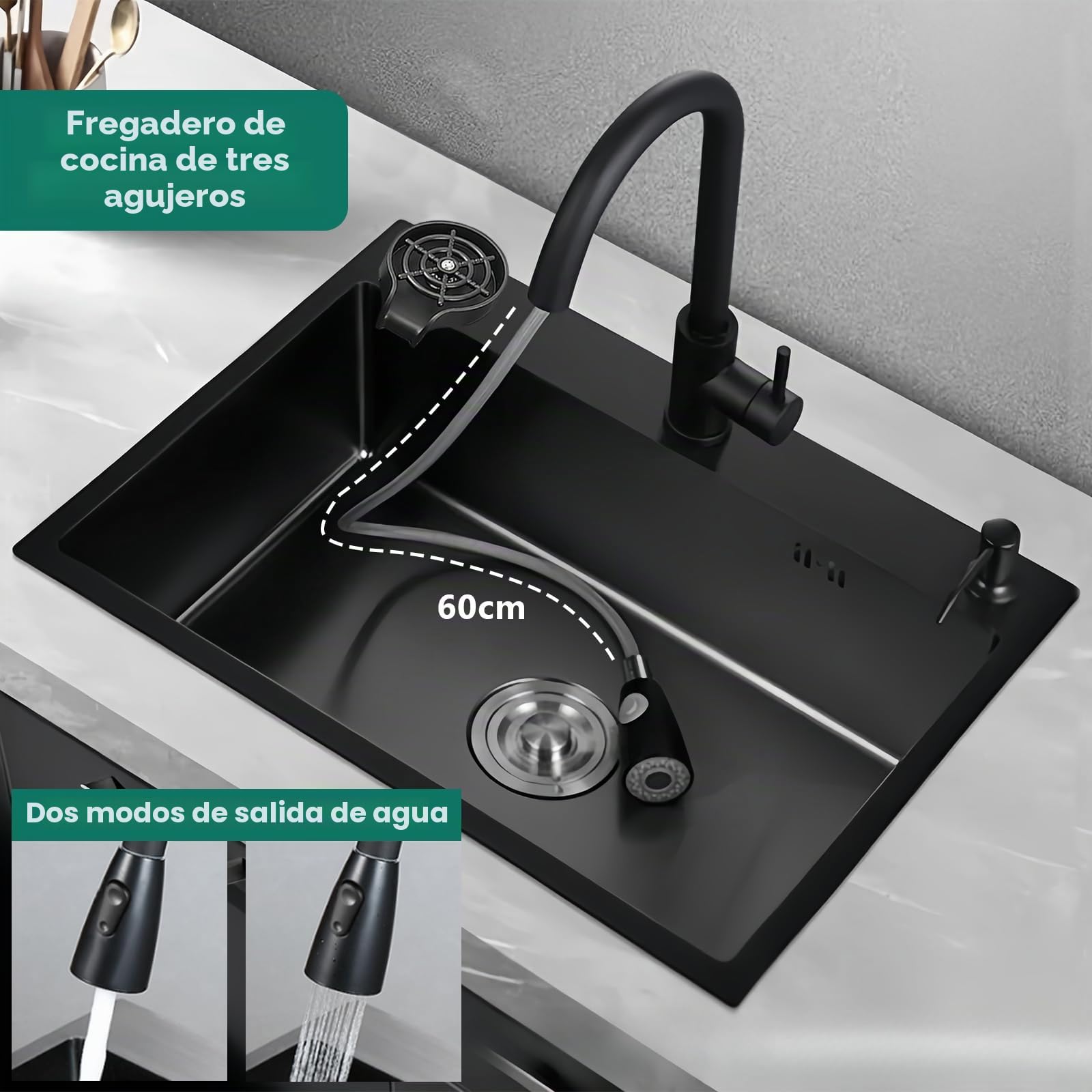 Fregadero de Acero Inoxidable Negro de Tres Agujeros, 80 x 50 cm, Fregadero de Cocina Utilitario, Tazón Único con Dispensador de Jabón, Grifo, Adecuado para Cocina, Bar y Uso al Aire Libre