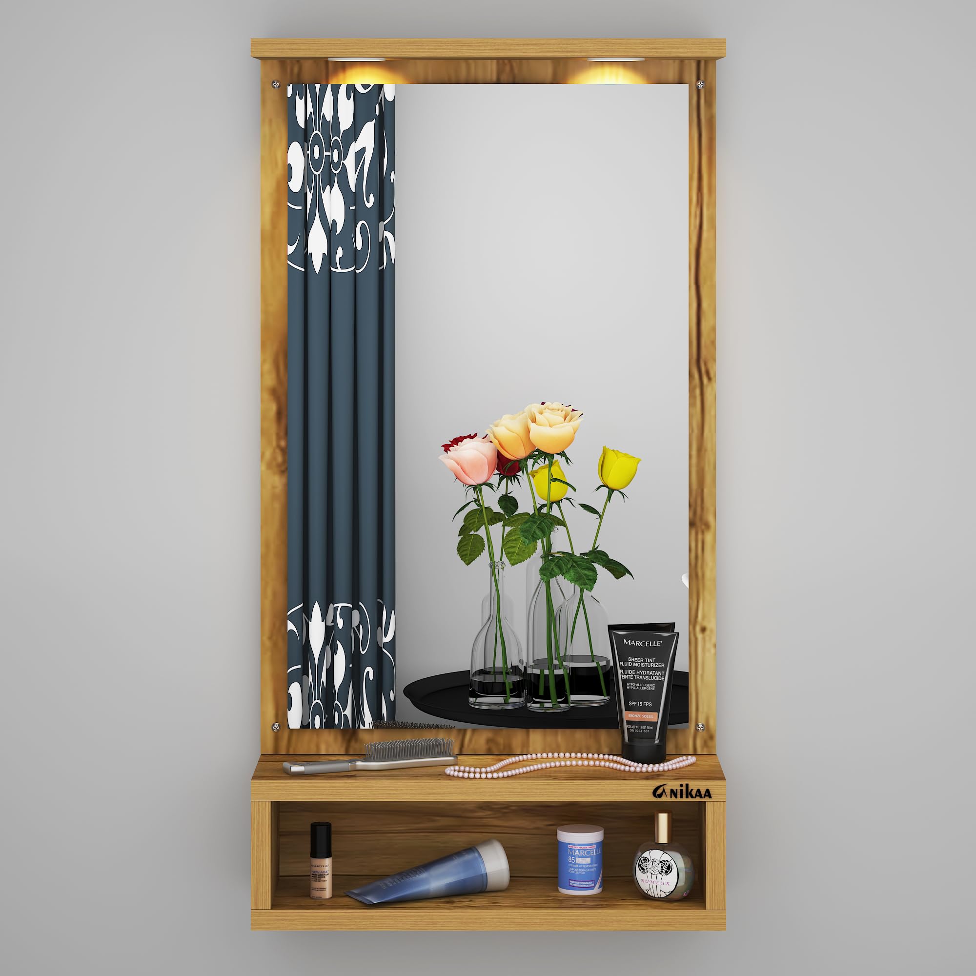 Anikaa Jinny LED Light Wall Hanging Dressing Mirror Home Decor Wall Mirror Decorative Wall Mirror for Living Room Bedroom - Gaintwood (D.I.Y - Do-It-Yourself), Rectangular, Brown