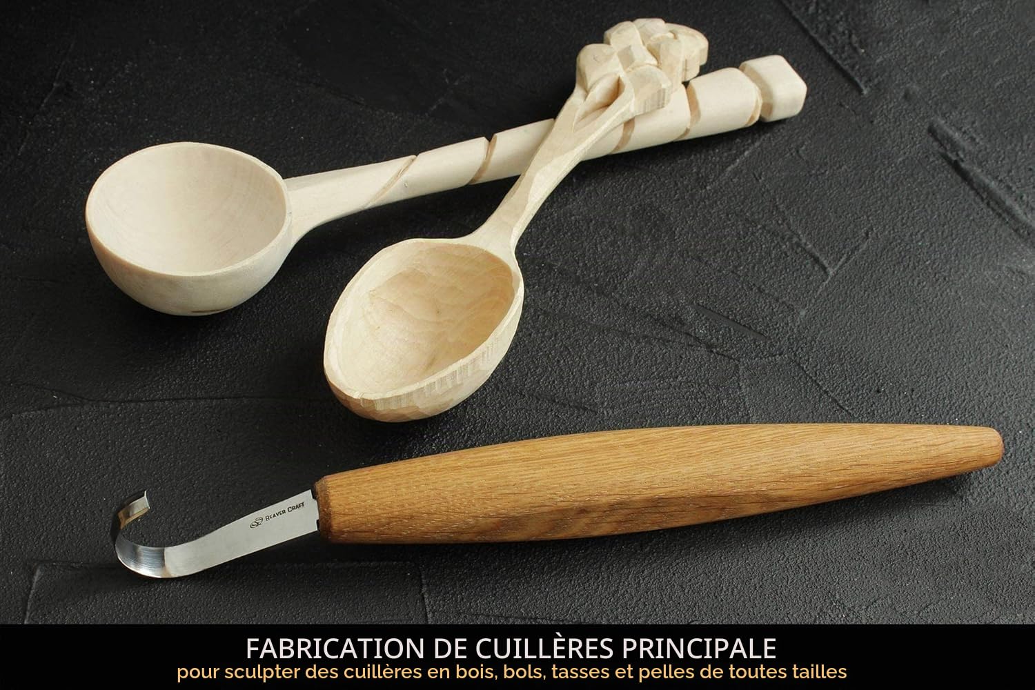 BeaverCraft Couteau à crochet pour sculpture de cuillères SK5 5cm aiguisage double face Couteau à sculpter le bois incurvé pour sculpter des cuillères, bols, tasses de travers
