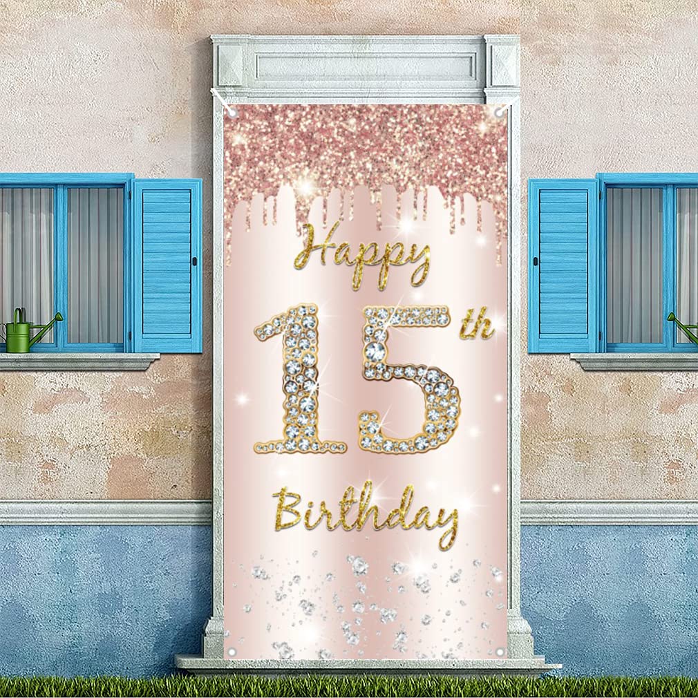 15. urodziny dziewczyna dekoracja, Happy 15th Birthday Door baner różowe złoto, 15. urodziny materiał szyld szyld plakat dekoracja drzwi, 15. urodziny tło baner, przyjęcie urodzinowe tabliczka powitalna