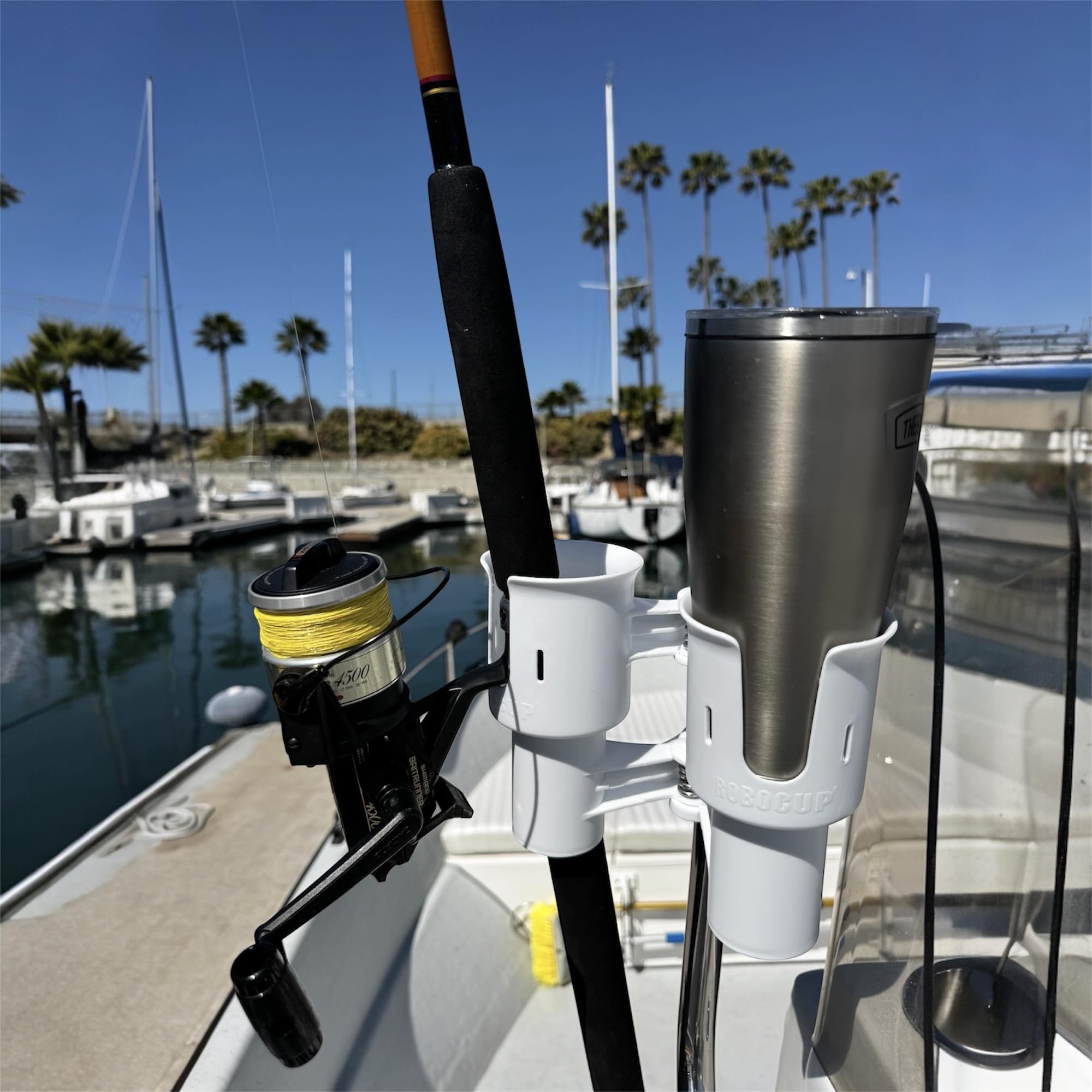 ROBOCUP, (White), Patented Clamp On Boat Cup Holder |Multifunction Dual Drink Caddy for Fishing Poles, Tools, Net, Gaff |Portable Storage for Boating, Beach, Umbrellas, Golf Carts, Strollers