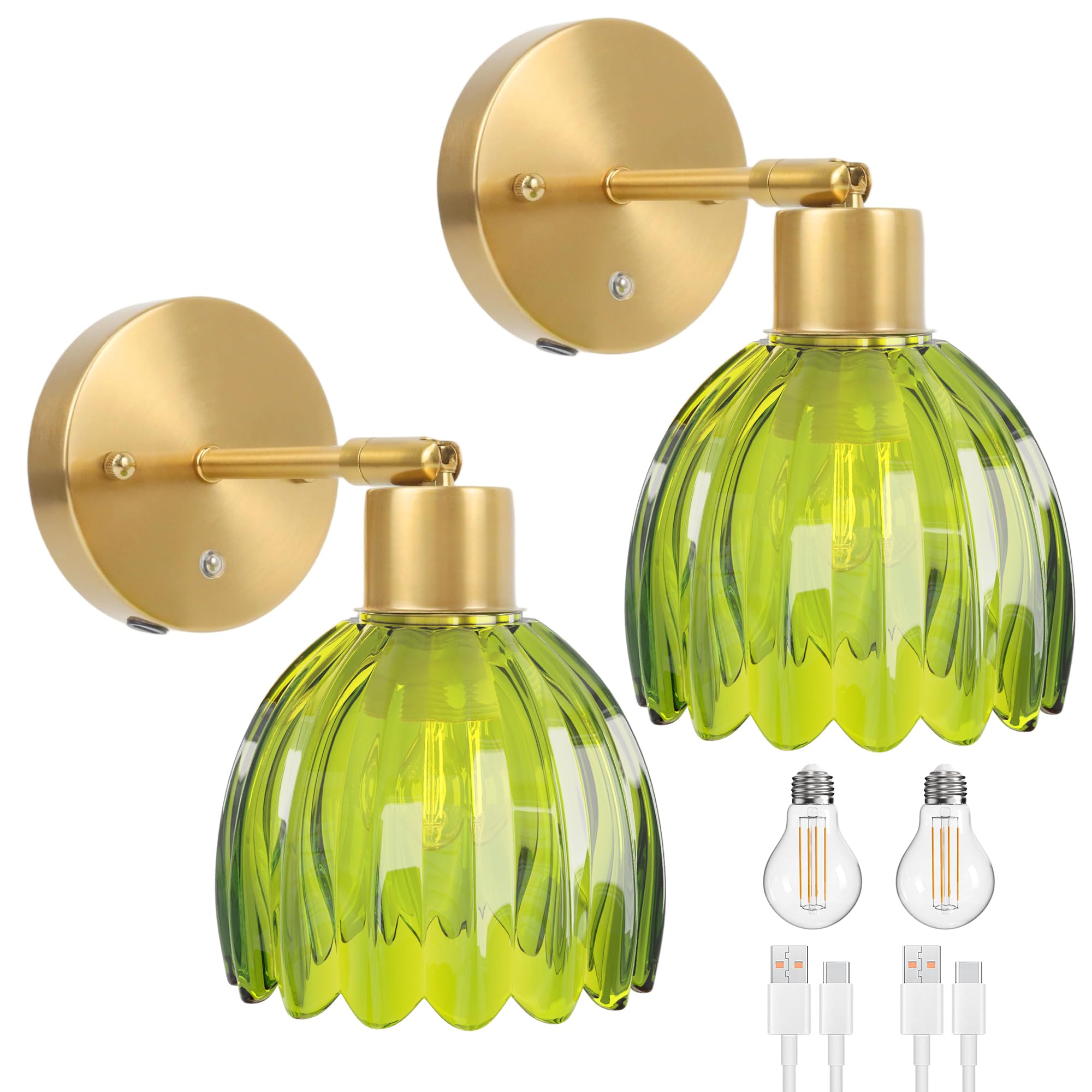 LGMCF Applique murale à piles rechargeables – 8000 mAh avec abat-jour tulipe en verre vert, pour lampes murales sans fil pour coiffeuse de chambre à coucher
