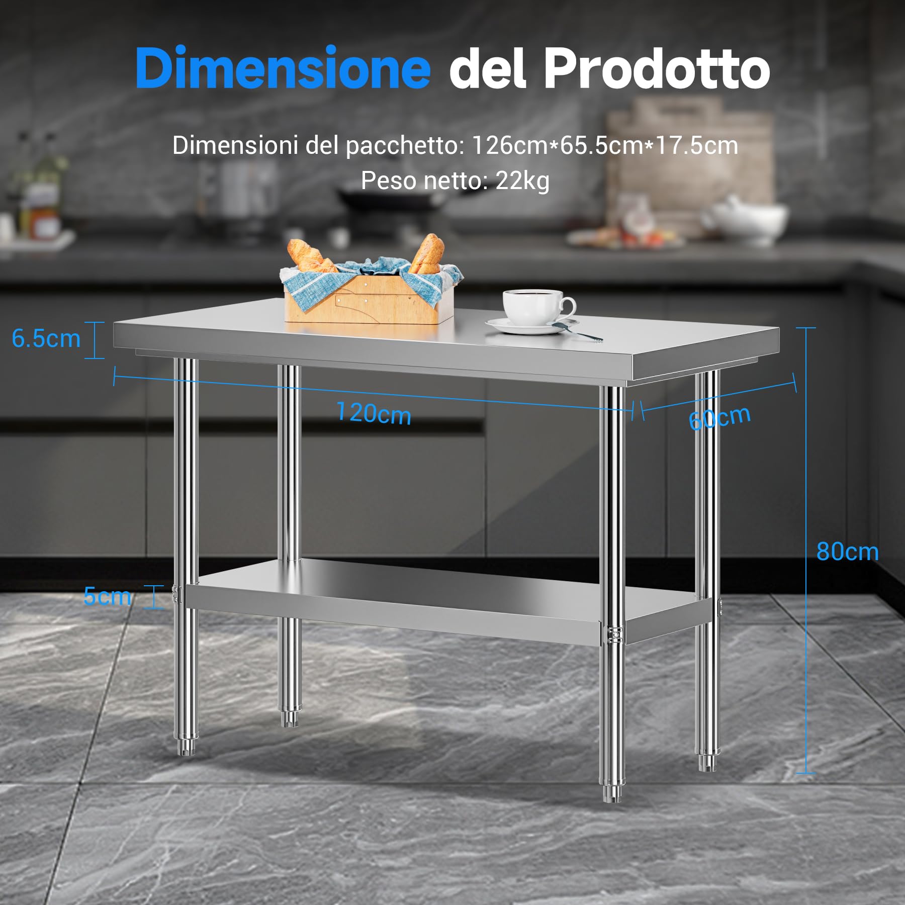 LEEVOT Tavolo da Cucina Professionale in Acciaio Inox, 2 Ripiani in Legno e Acciaio, per Cucine Professionali, Laboratori, Ristoranti e Bar, Capacità di Carico 150KG/100KG (120x60cm)