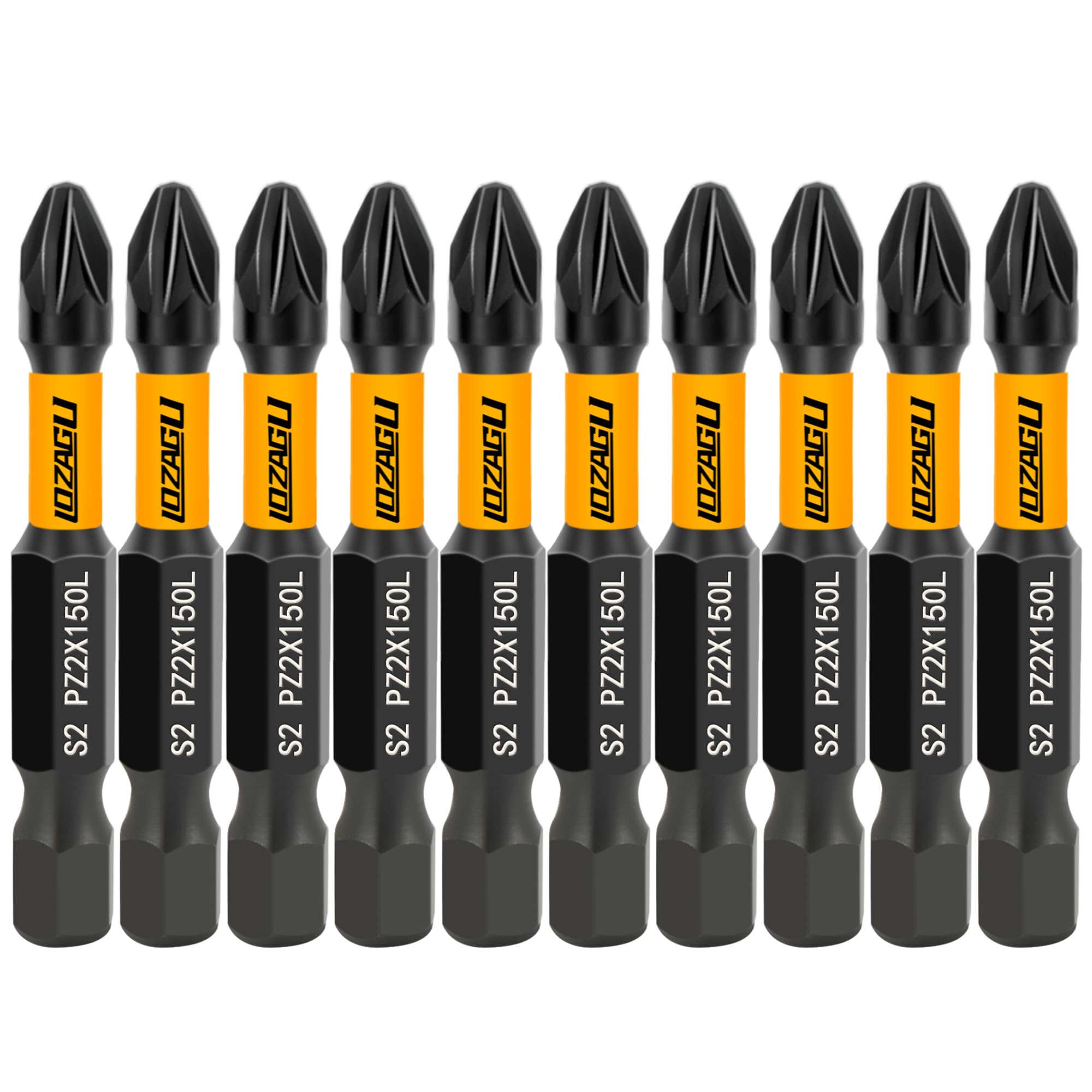 LOZAGU 10-Piece PZ2 50mm Bits, Yellow, PZ2 Magnetic Impact Bits Set including Storage Box