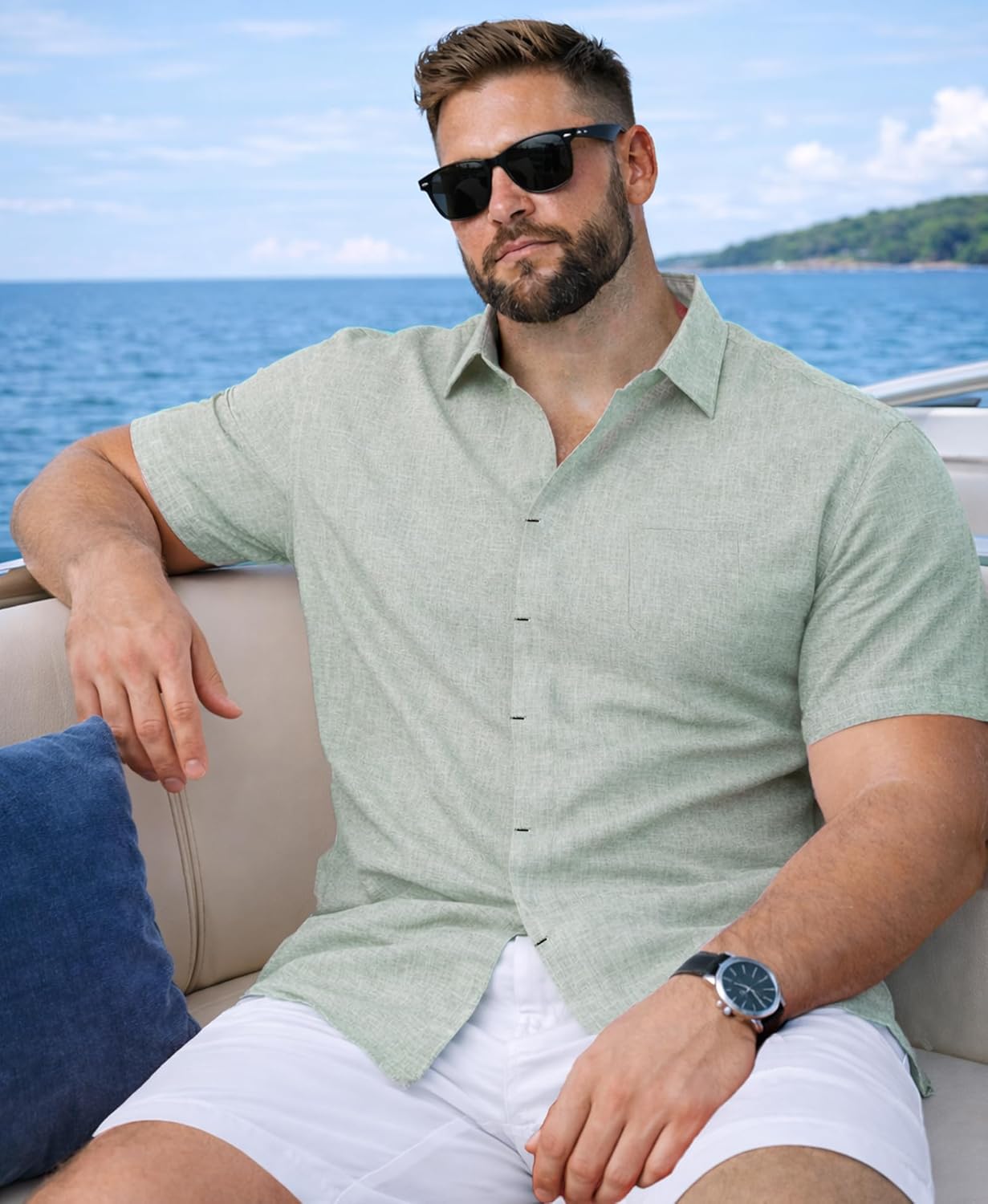 Weecreeture Men’s Big & Tall Linen Short Sleeve Button Up Shirt, Hidden Placket, Breathable Casual Beach Resort Summer
