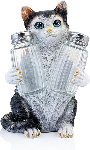 Miniatura 7 de Juego de salero y pimentero de resina con soporte y tarros de especias de cristal, decoración de cocina para amantes de los gatos, figura de gato