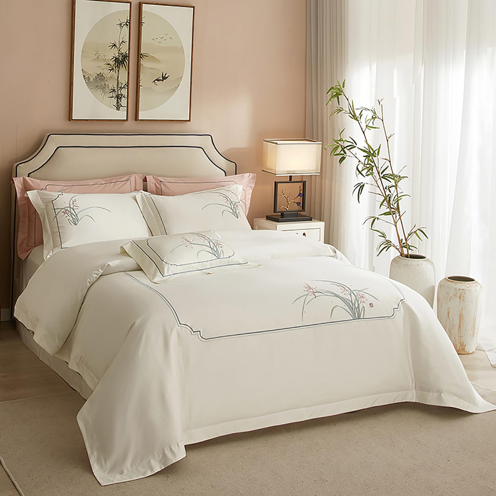 Hengqiyuan Juego de Funda Nórdica con Sábanas Chinas de 4 Piezas, Juego de Cama Doble Ultrasuave, Funda Nórdica con Bordado Floral,Blanca,220x230cm