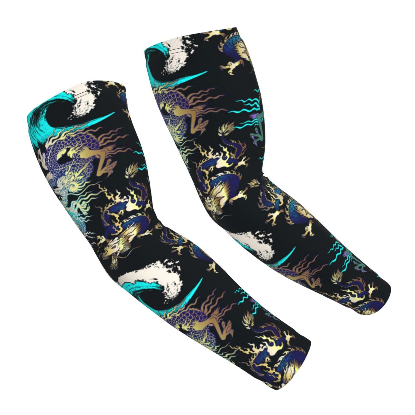 MZERSE Fashion Cooling Sun Sleeves UV Protection Arm Sleeves Compatible With Japanese Cool Ocean Wave Black Gold Dragon Arm Cover Sleeve, Non Slip Arm Sleeves for Men Women