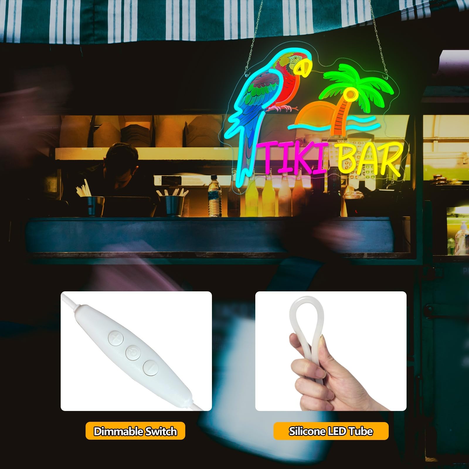Tiki Bar Targa neon tropicale pappagallo palma LED luce al neon alimentata tramite USB, dimmerabile, spiaggia, tramonto, bar, illuminazione a LED, decorazione da parete per casa, grotta degli uomini
