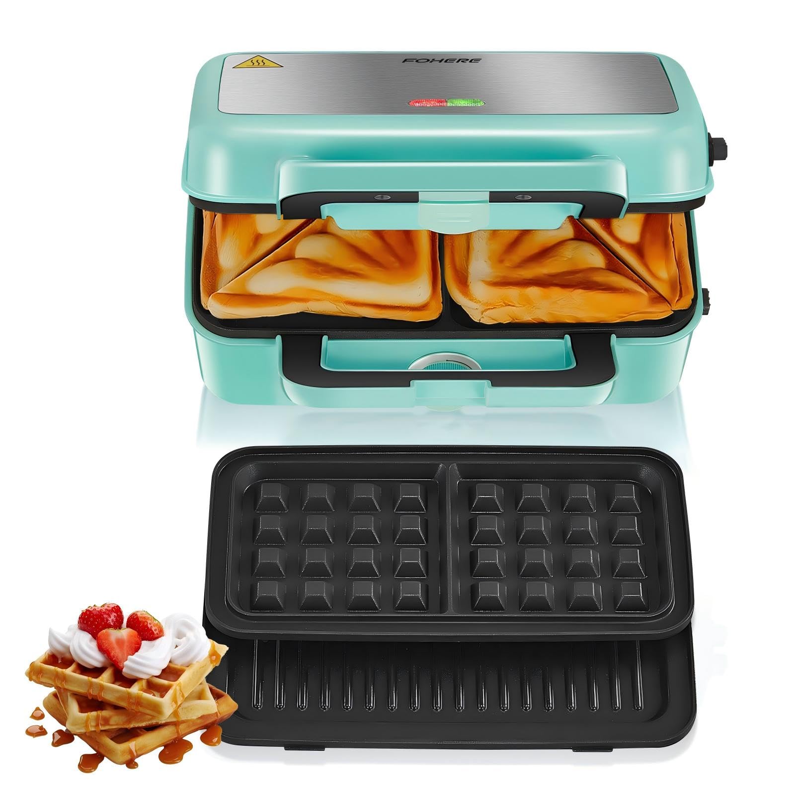 Piastra Waffles Maker 3 in 1, 1200W Tostapane Piastra Panini, Tostiera Elettrica, ad Alta Potenza, Controllo della Temperatura a 5 Marce, Deposito Cavi, Rivestimento Antiaderente (Blu)