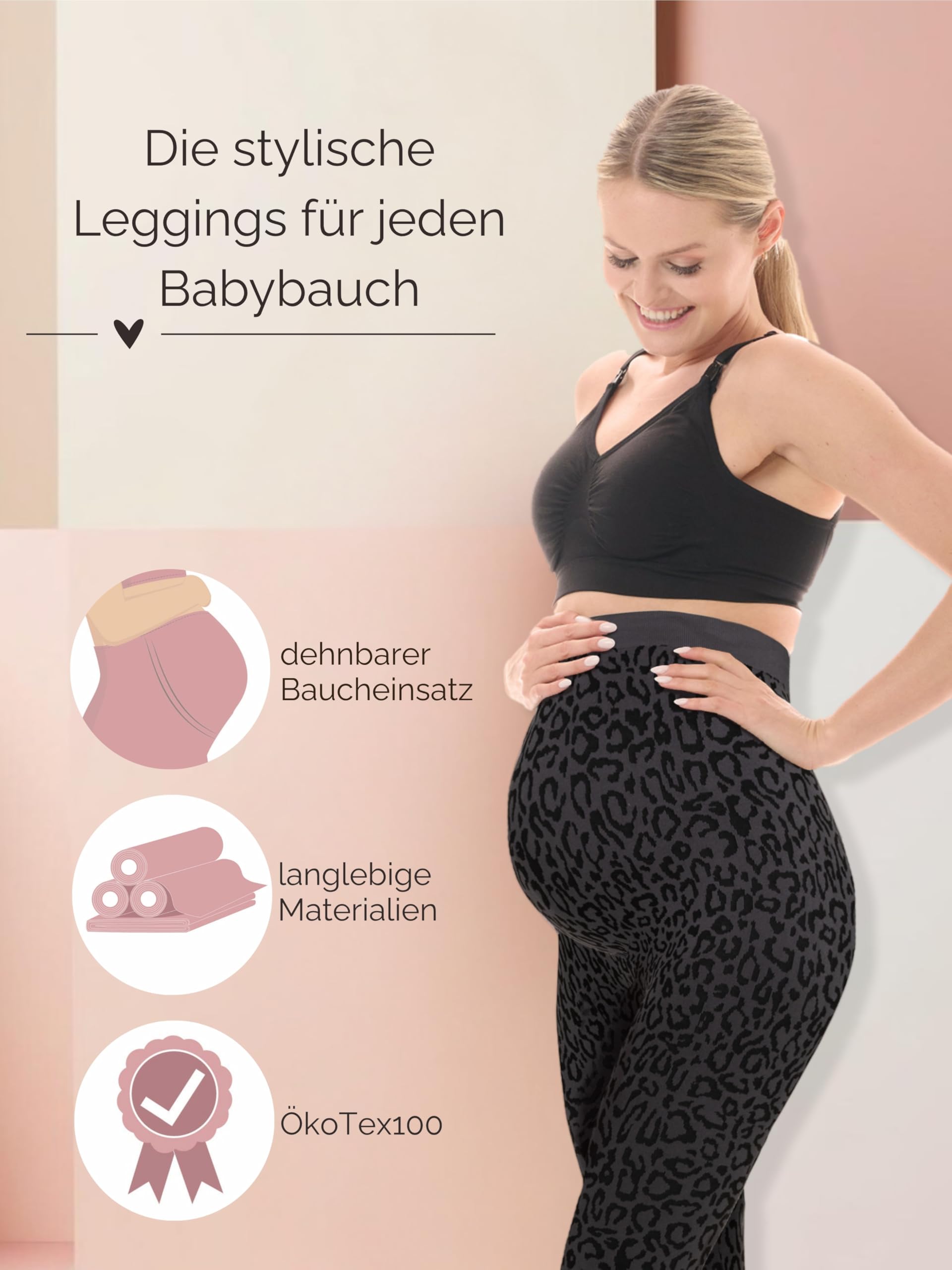 Herzmutter Umstandsleggings Leo Print - OekoTex 100 - Blickdicht - Schwangerschaftsleggings mit Muster - Leopard - High Waist - 1950