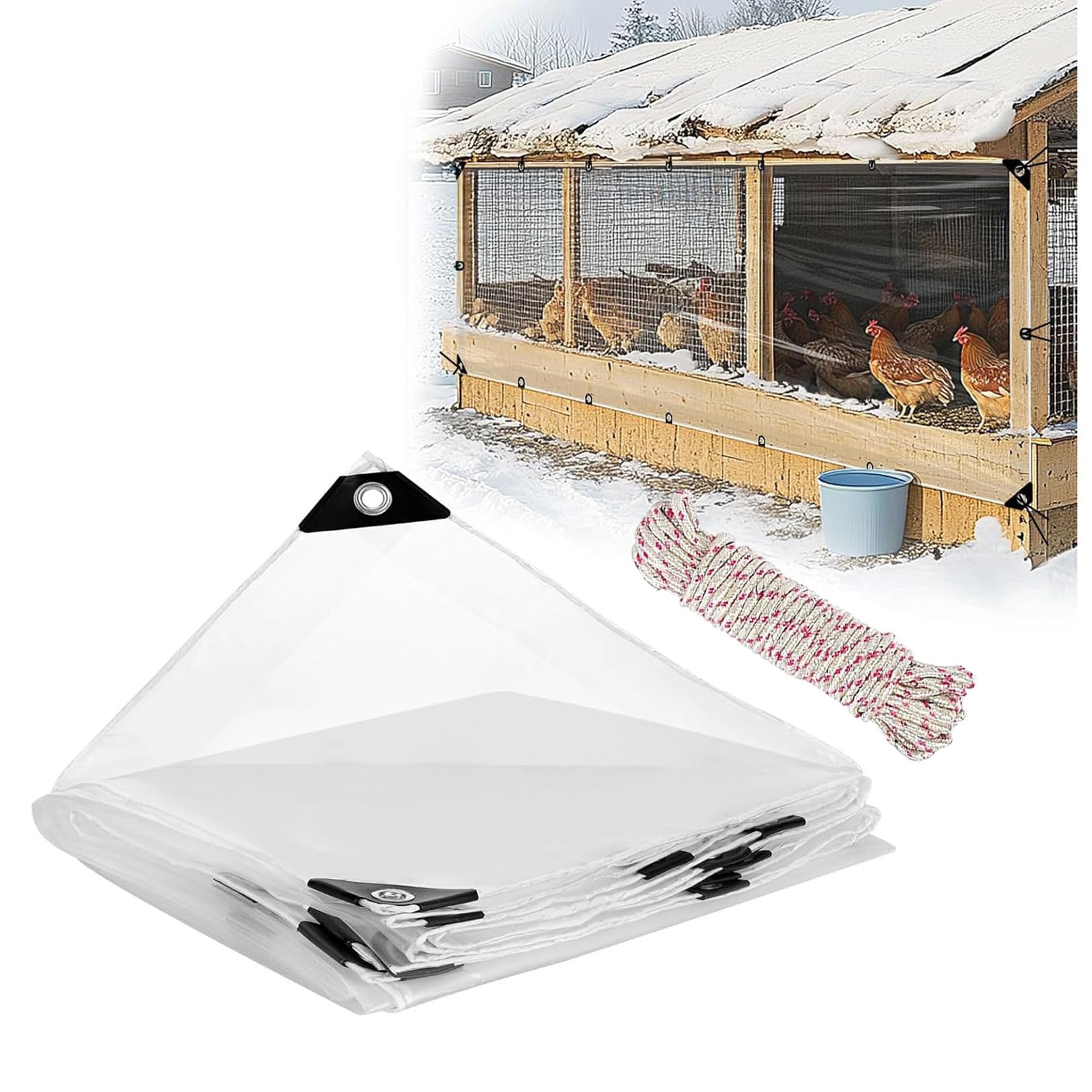 4X4M Clear Vinyl Tarp, 12 Mil Clear Tarpaulin Heavy Duty Water Resistant, 400g/m² Thickened Tear Resistant with Metal Grommets, for Patio Porch and Garden Chicken Coop