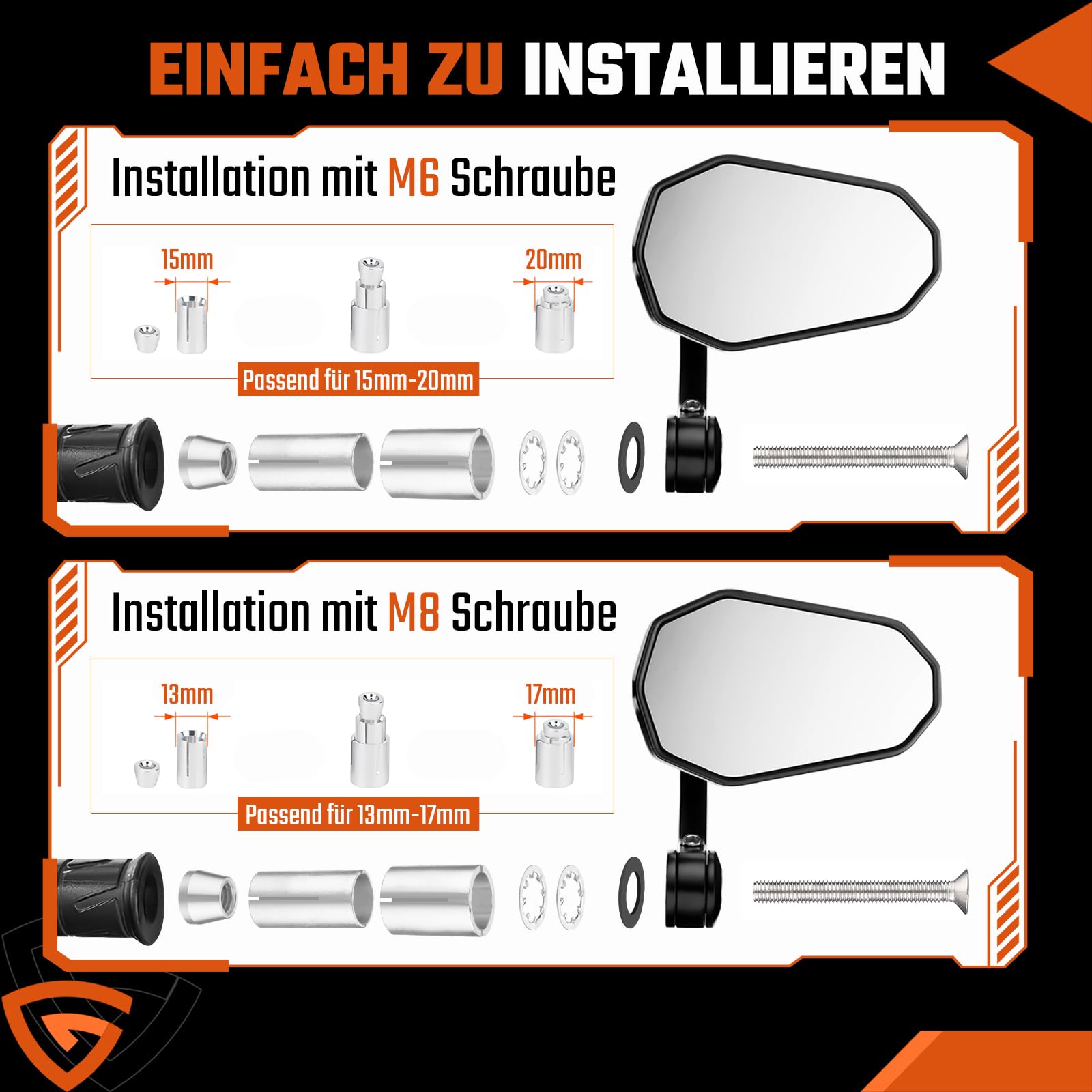 GEARMONSTER Lusterko motocyklowe z certyfikatem E, 360°, 2 sztuki | Lusterko wsteczne do motocykla, obracane o 360°, aluminium CNC, uniwersalne, skutery, quady, koniec kierownicy, łatwy montaż