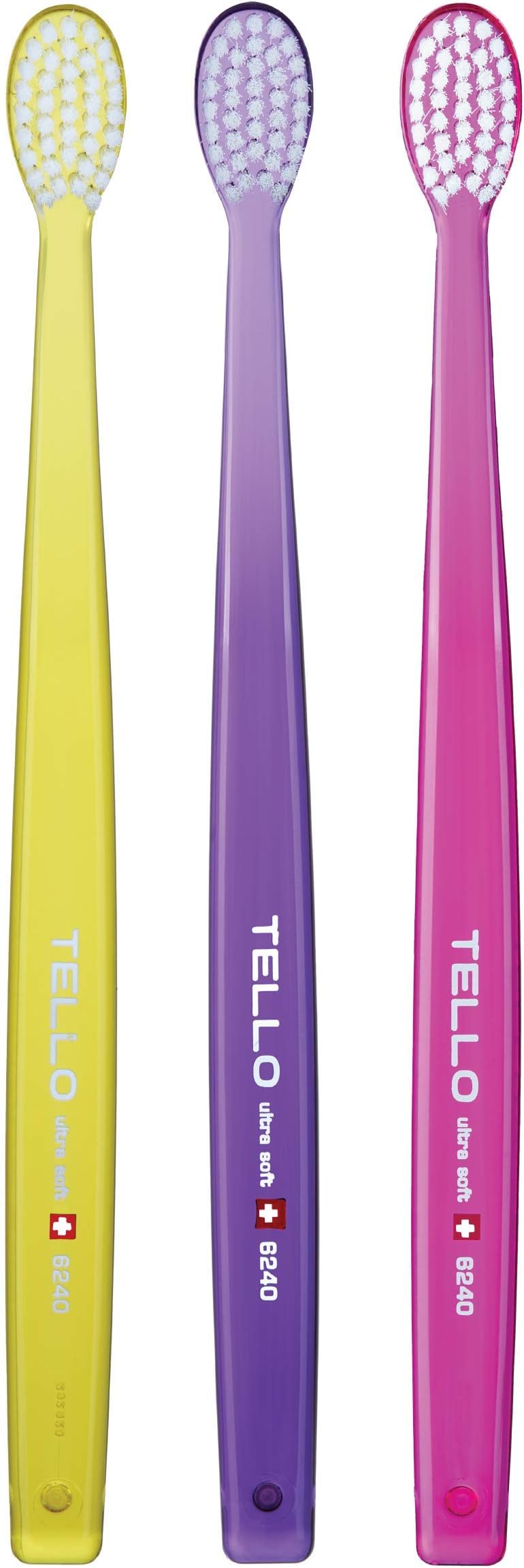 6240 Adult Ultra Soft Toothbrush for Gentle Cleaning with Ergonomic Handle, Made in Switzerland, Assorted Colors, 3 Count