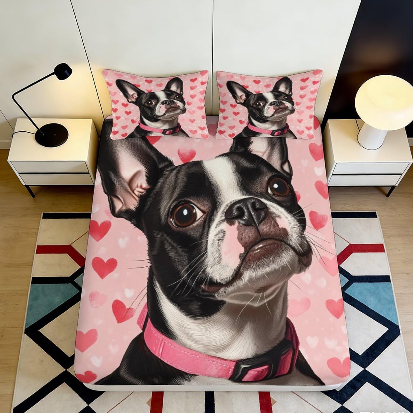 3D Printed Boston Terrier Dog Fitted Sheet Microfiber Pink Heart Bed Cover for Bedroom Dorm Mattress Decor Protection 90x200x25cm