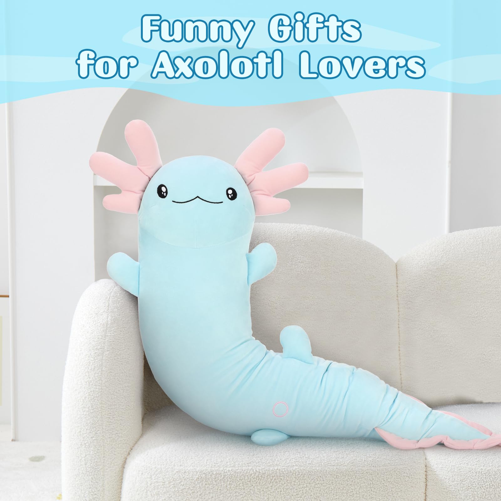 MorisMos 122cm lang Axolotl Kuscheltier XXL Kissen, Geburtstag Geschenk für Kinder Baby,blau rosa