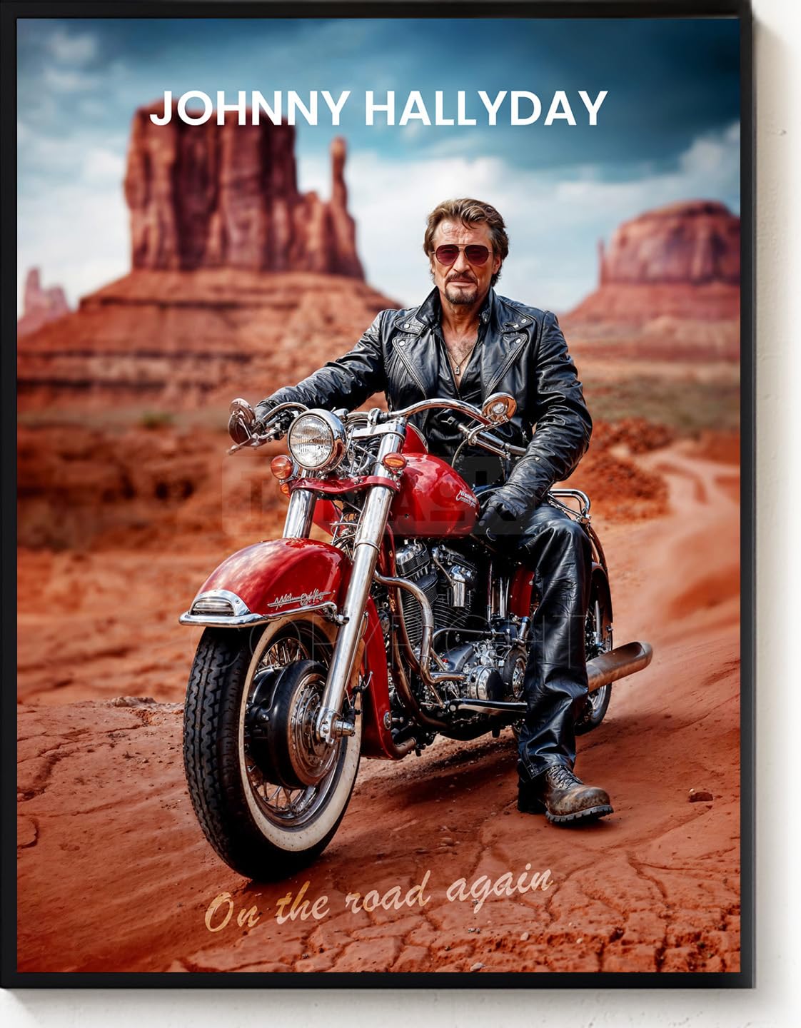 Johnny Hallyday On The Road Again (cornice non fornita) - Quadro digitale Star cantante Rock - Poster Moto Route 66 (60 x 80 cm / 24 x 32 in)