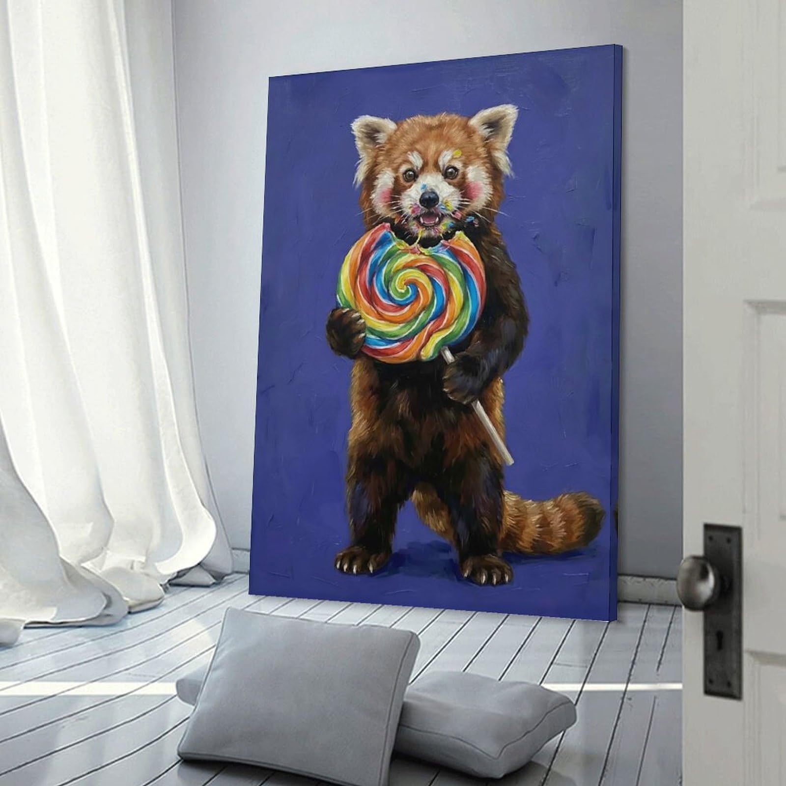 Junmoney Canvas Art Print Red Panda Eating A Lollipop, 20x30inch(50x75cm), for Office, Study Or Home Workspace, Decorative Artwork for Productive Spaces