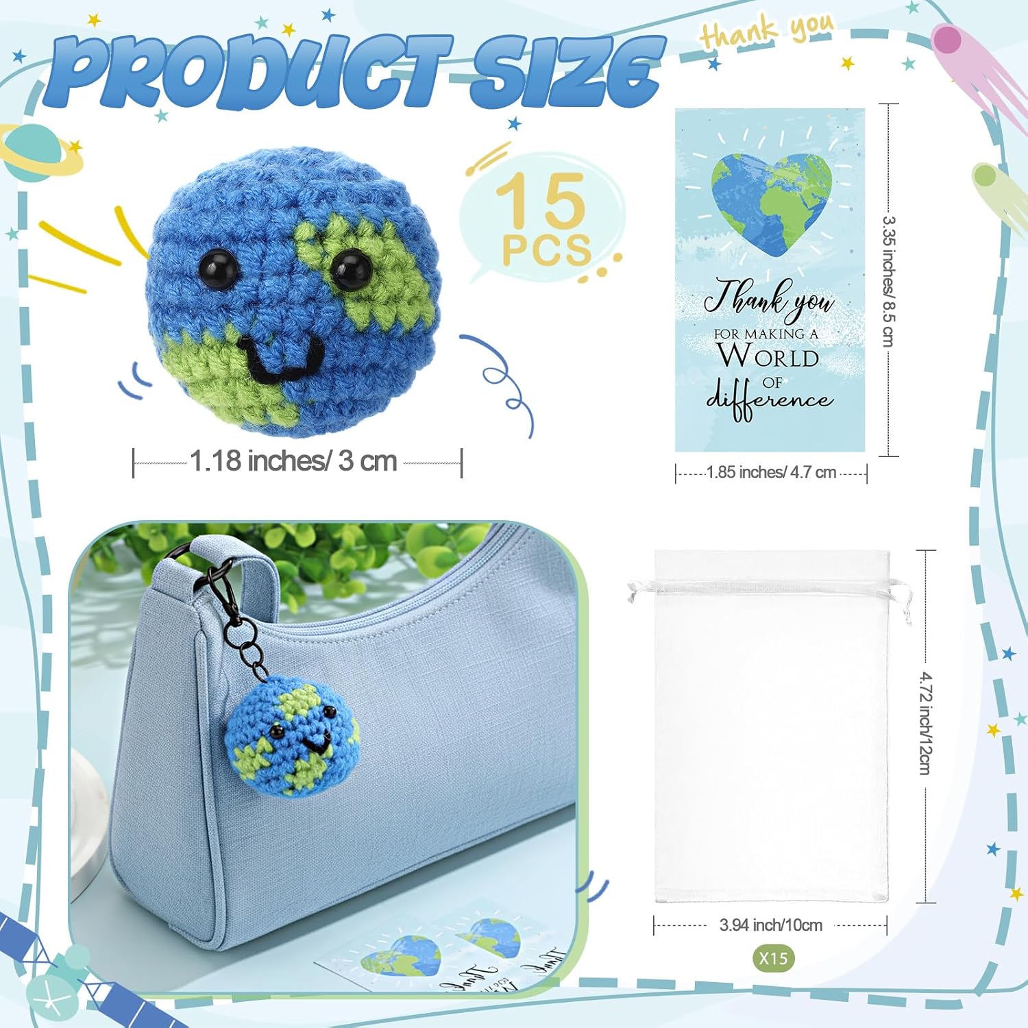 Suncalla 15 Sets Crochet Globe Keychain Earth Stress Ball, Thank You Card