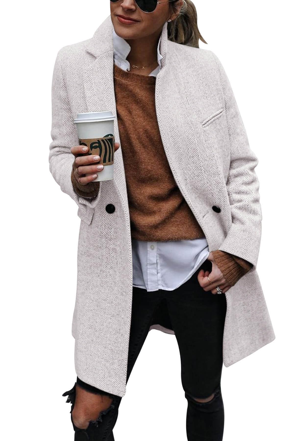 Ebifin Cappotto da donna con risvolto a doppio petto trench cappotto invernale casual lungo giacca blazer soprabito