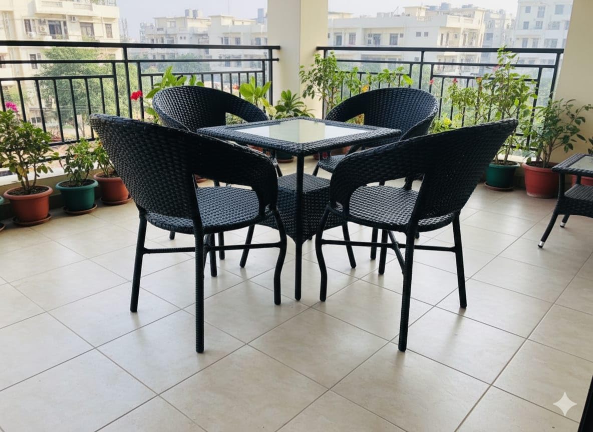 Outdoor Patio Dining Set, Black Wicker, 4 Chairs with 1 Round Table, Weather Resistant, Balcony Garden Furniture Set d12 Black-image-49