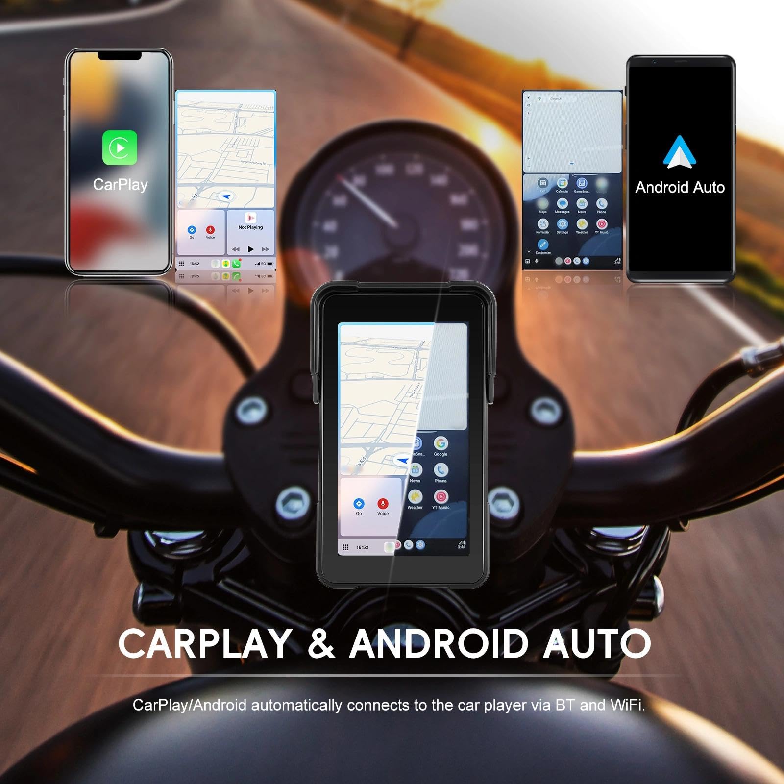 Pantalla CarPlay para Moto, Apple CarPlay y Android Auto Inalámbricos, Pantalla HD de 5" para Motocicleta, Impermeable IP68 con Bluetooth, Compatible con TPMS, Soporte Antirrobo Desmontable