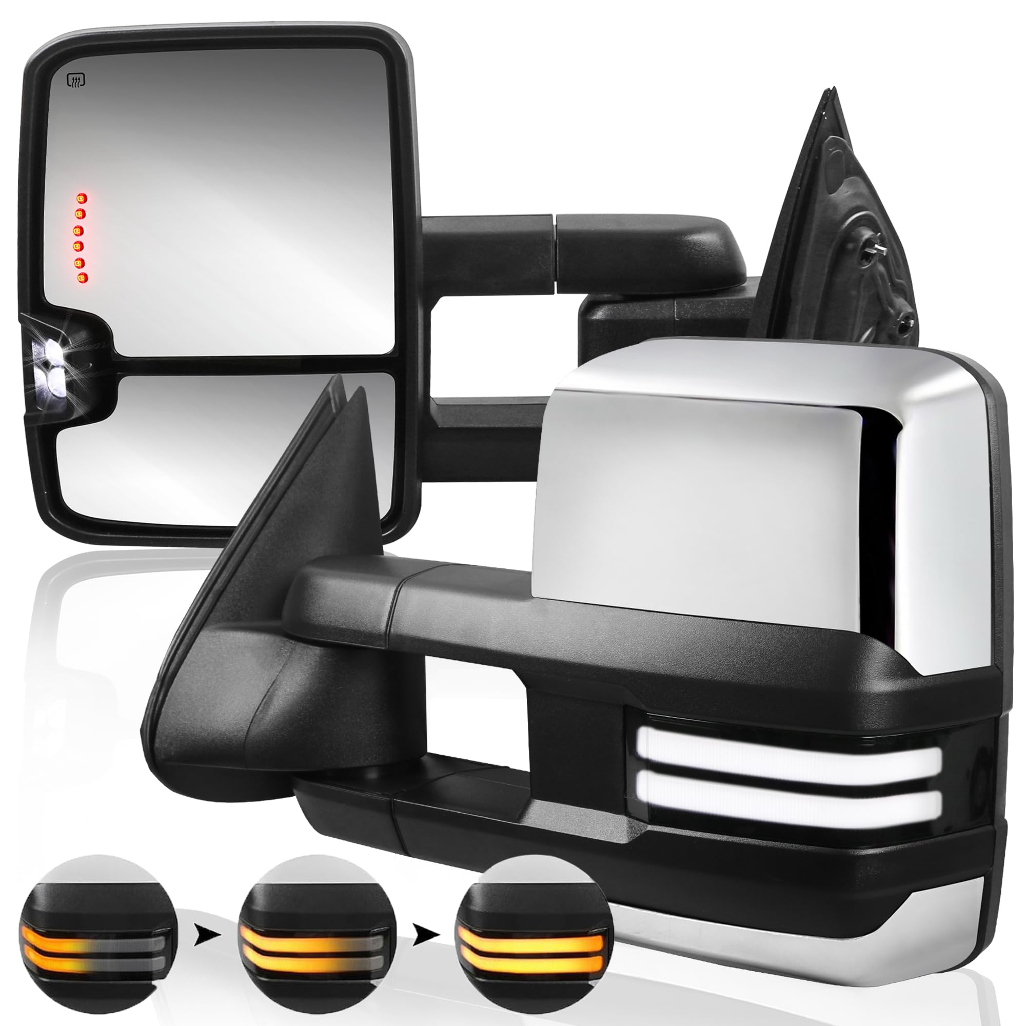 pair chrome heated power towing mirrors compatible for 2014-2018 chevy silverado 1500 2500 3500 hd/gmc sierra w/sequential turn light,running light,white clearance light,extended