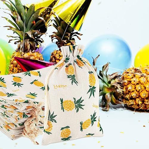 Miniatura 4 de Yisowank Paquete de 15 bolsas de regalo con cordón de piña, bolsas de tela de lino para fiesta hawaiana Luau para despedida de soltera, baby shower,