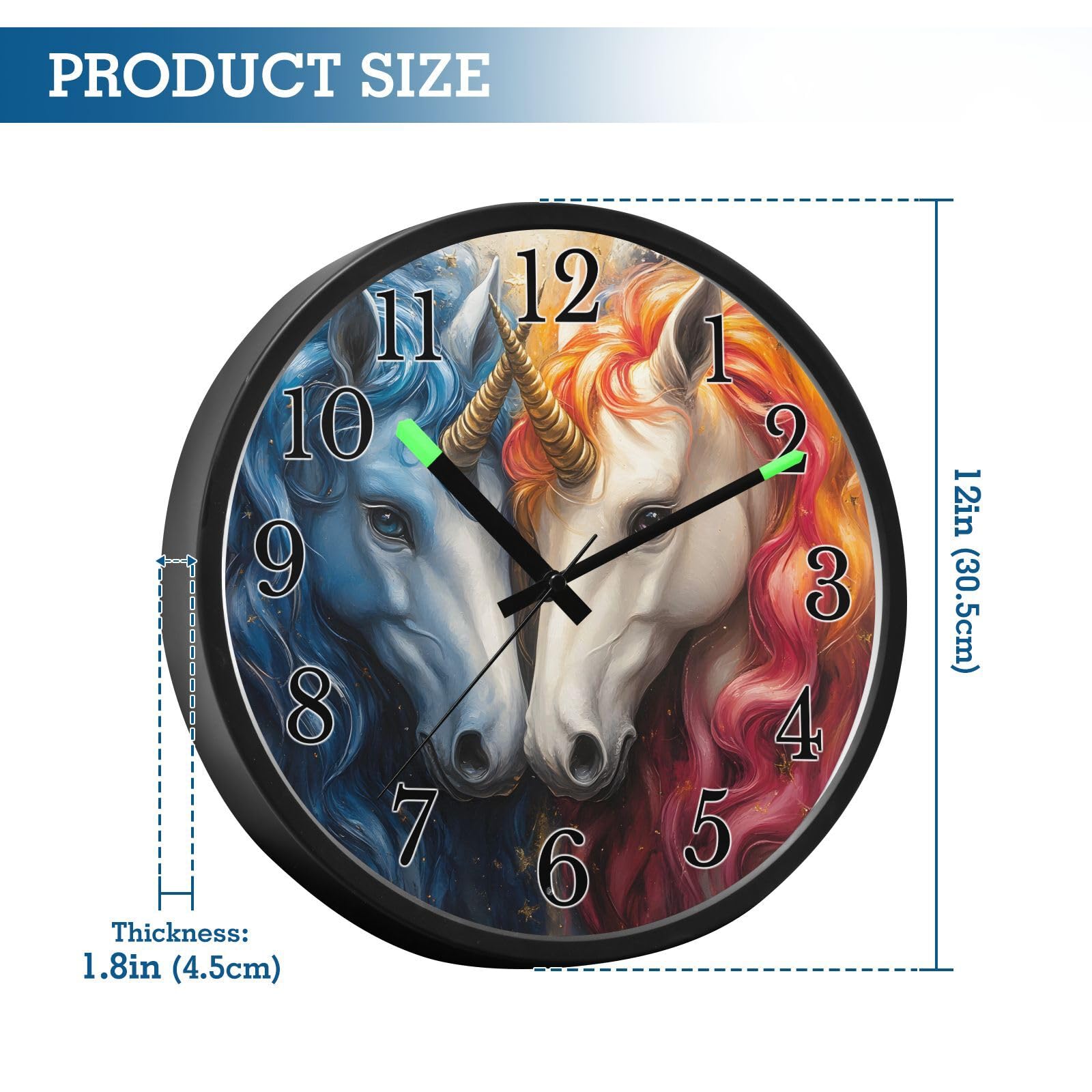 Mnsruu Divertido reloj de pared con diseño de unicornio azul y caballo blanco, luminoso, funciona con pilas, silencioso, brilla en la oscuridad, para sala de estar, cocina, 12 pulgadas