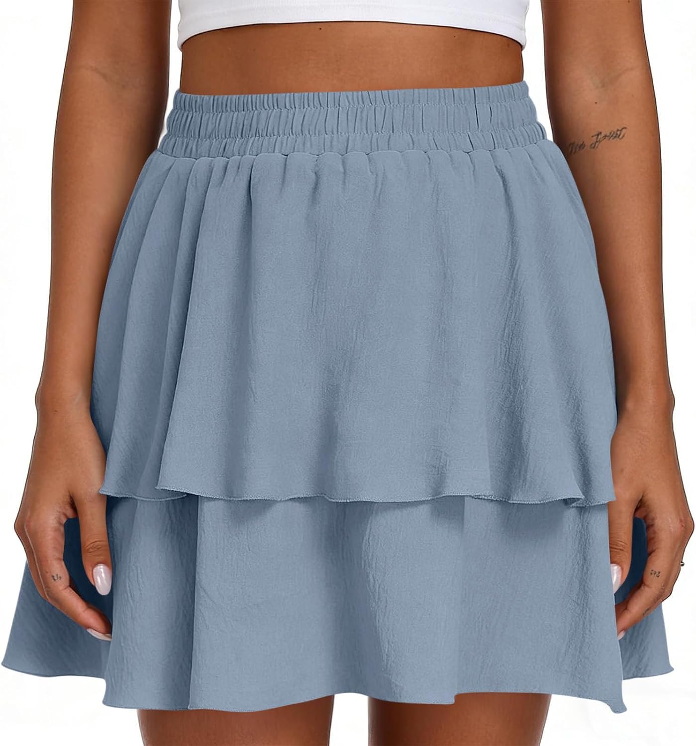 Womens Casual Ruffle Mini Skirt Elastic High Waist Tiered Summer Flowy Skirts A-Line Solid Color Going Out Clothes