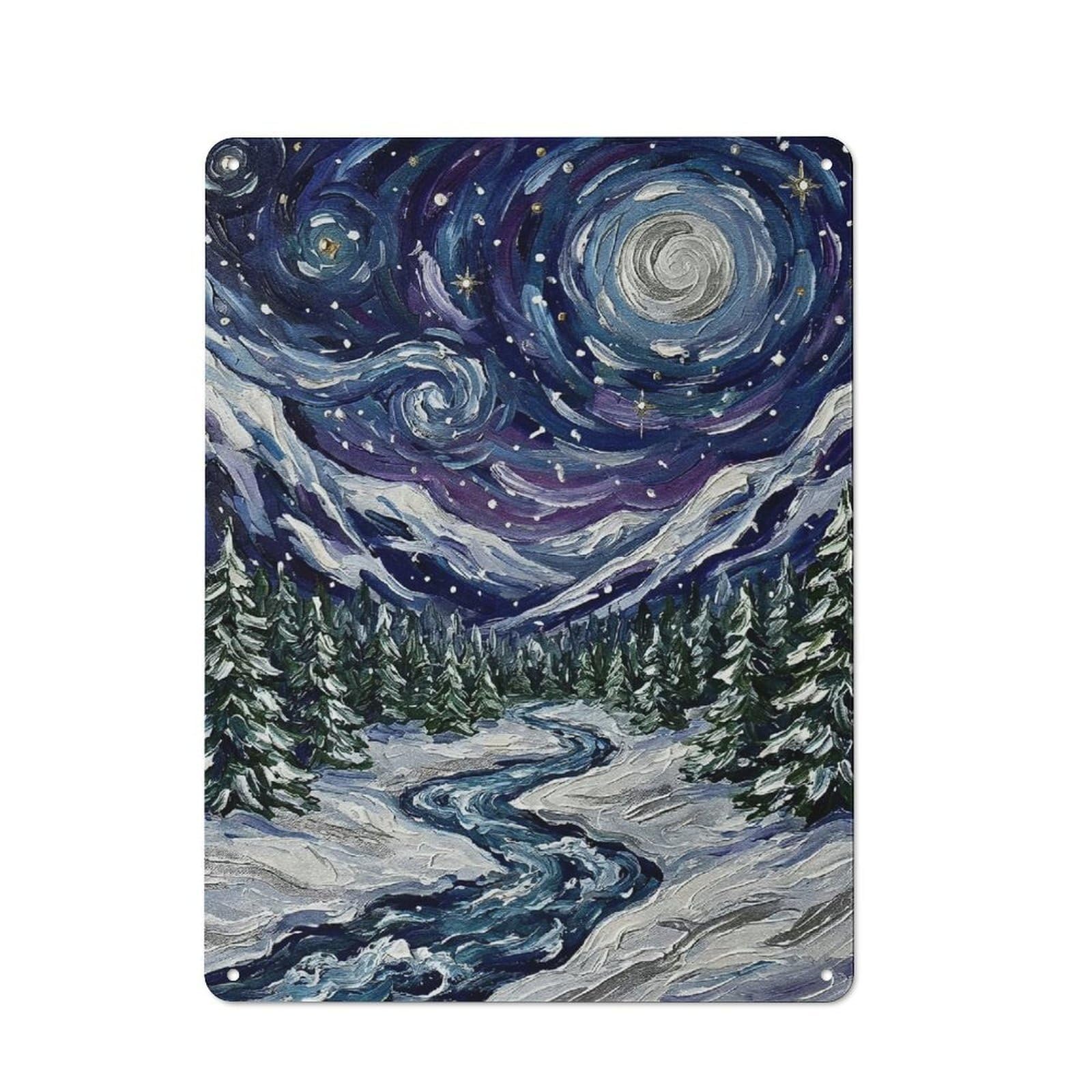Junmoney Style-2 Tin Wall Plaque 40X30cm With Starry Night Winter Landscape For Studio Or Craft Room, Suited To Studio Decor Lovers