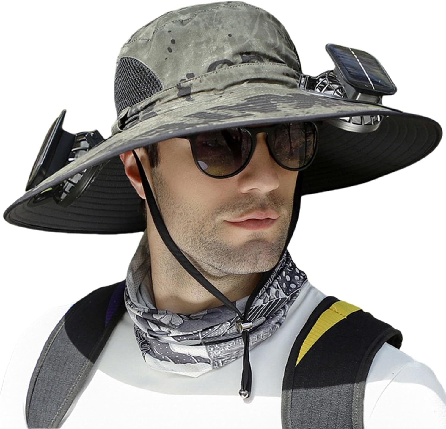 Solar Fan Hat, Men Sun Hat with 2 Solar Fan, Wide Brim Solar Fan Outdoor Fishing Hat-Solar & USB Charging