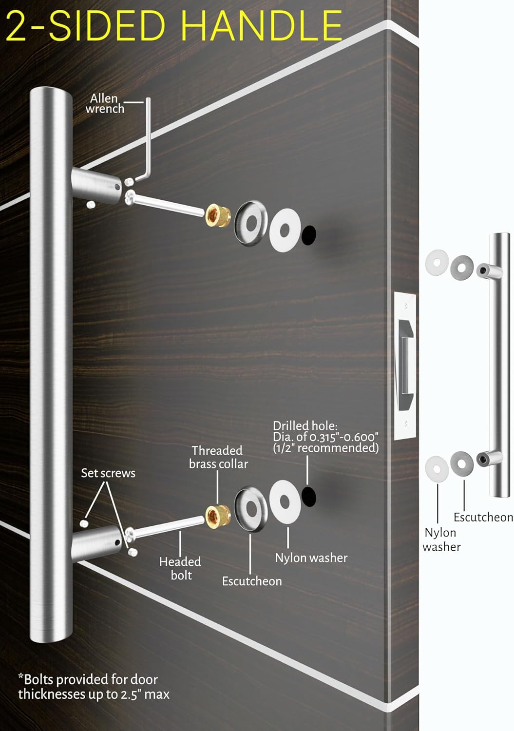 18 Inch 2-Sided Modern Front Door Handles in Brushed Nickel Satin Finish, Stainless Steel Pulls for Home Office Commercial Doors Shower Glass Doors Pull Sliding Barn Door Handle, Round H-Shaped Bar