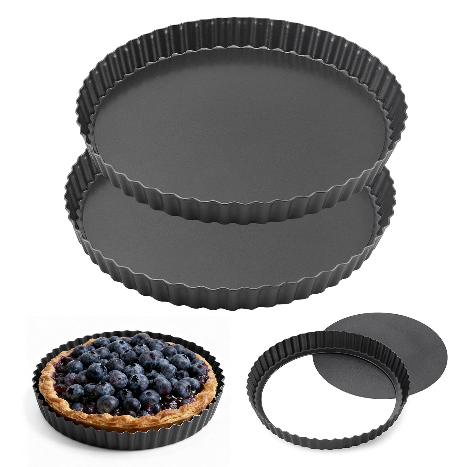 2Pcs Deep Quiche Tins with Loose Base, 24cm & 22cm Non-Stick Carbon Steel Fluted Tart Tins, Removable Bottom Pie Dish for Baking, Includes Oil Brush and Dish Cloth, Perfect for Quiches, Pies & Tarts