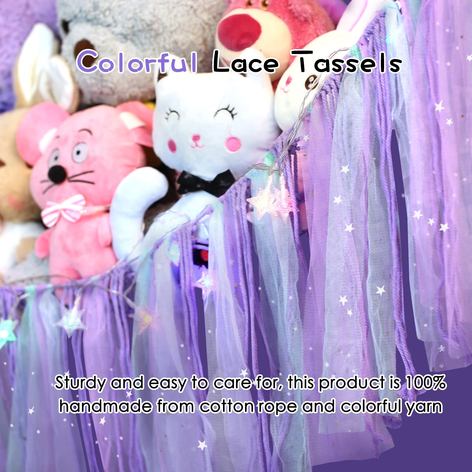 Boho Stuffed Animal Hammock With LED Lights - Colorful Lace Tassel Toy Storage Net (Purple)