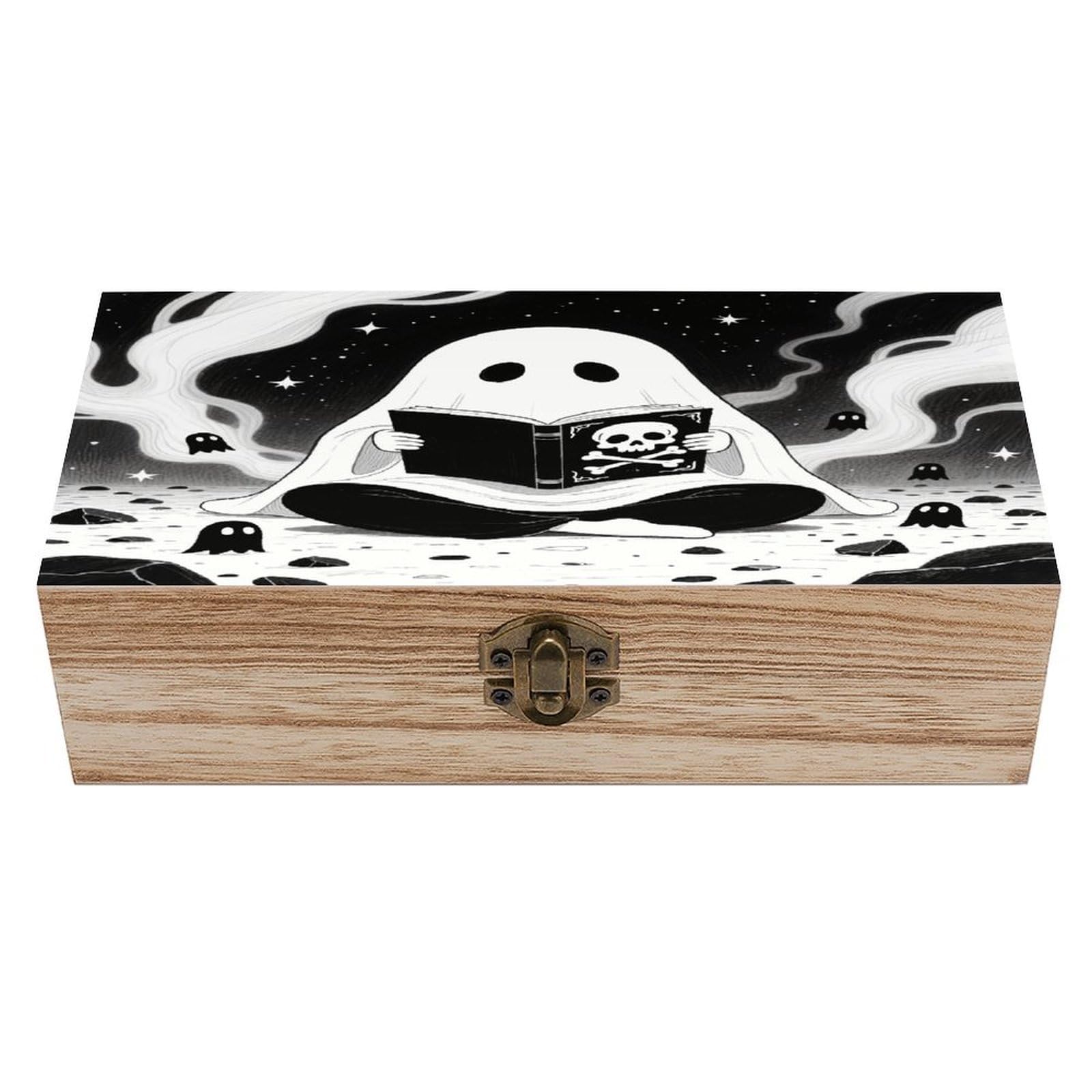 VstaDank Black Cute Ghost Wooden Storage Box Decorative Jewelry Case with Lids Exquisite Wood Box Letters Gifts Acacia Wood Boxes Fashion Wooden Keepsake Boxes for Men Women