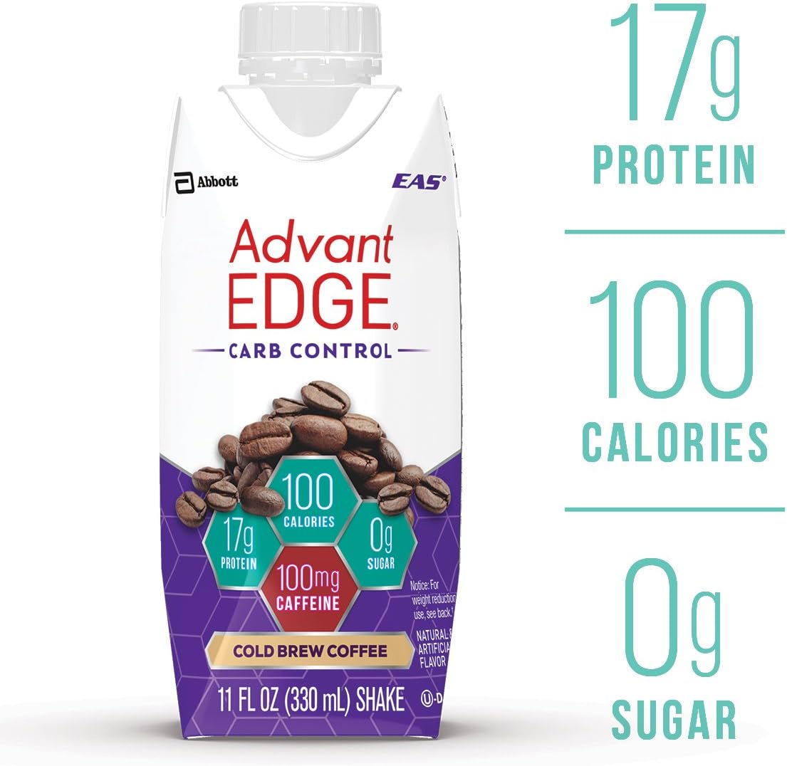EAS AdvantEDGE Carb Control Protein Shake Cold Brew Coffee Ready-to-Drink, 17 g of Protein 11 fl oz Bottles, 12 Count