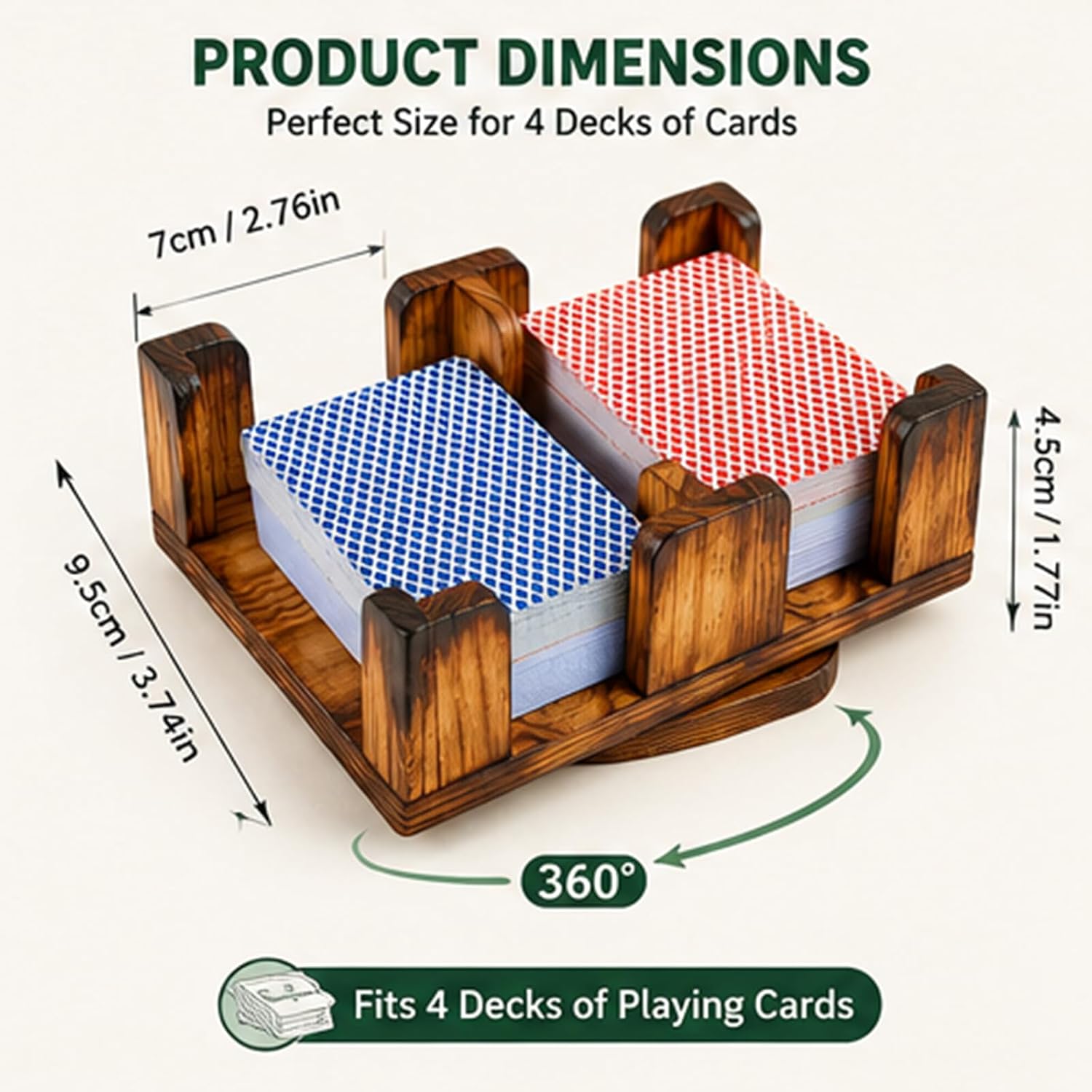 4 Deck Rotating Playing Card Holder, Wooden Card Tray with 360° Swivel Base for Canasta, Poker, Bridge & Family Games