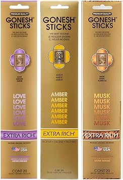 Gonesh Extra Rich Sensual Collection - Incense Sticks Variety Pack - Non-Toxic 10 Slow Burn Aromatic Sticks - Amber, Musk, Love - 20 Sticks Each