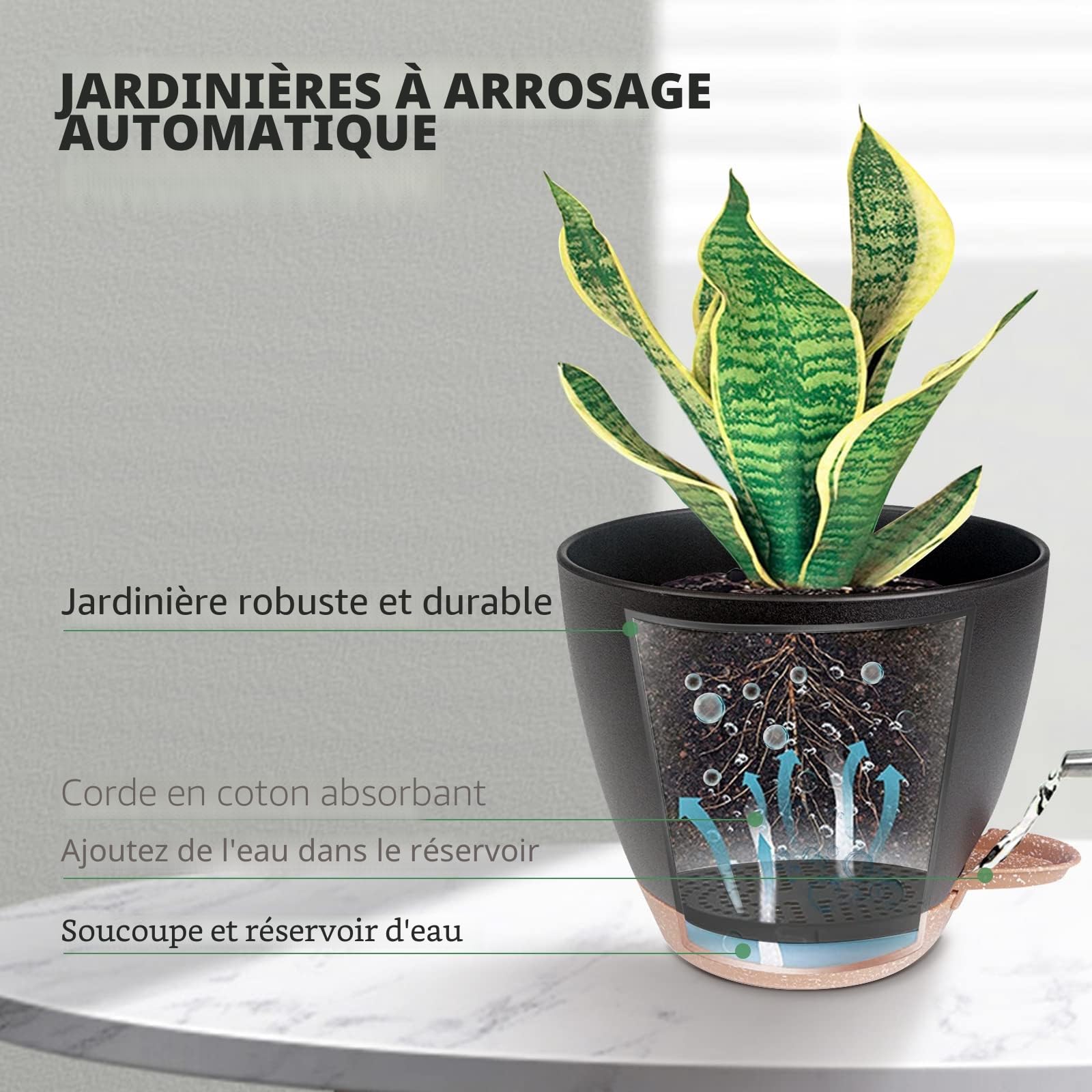 Idealife 5 Pcs Pots de Fleurs en Plastique, 17.8/16.5/15.2/13.9/12.7cm Pots à Fleurs/Plantes en Plastique, Auto-Arrosant avec Soucoupe de Fleur Convient aux Jardins de Balcon Intérieurs(Noir Marron)