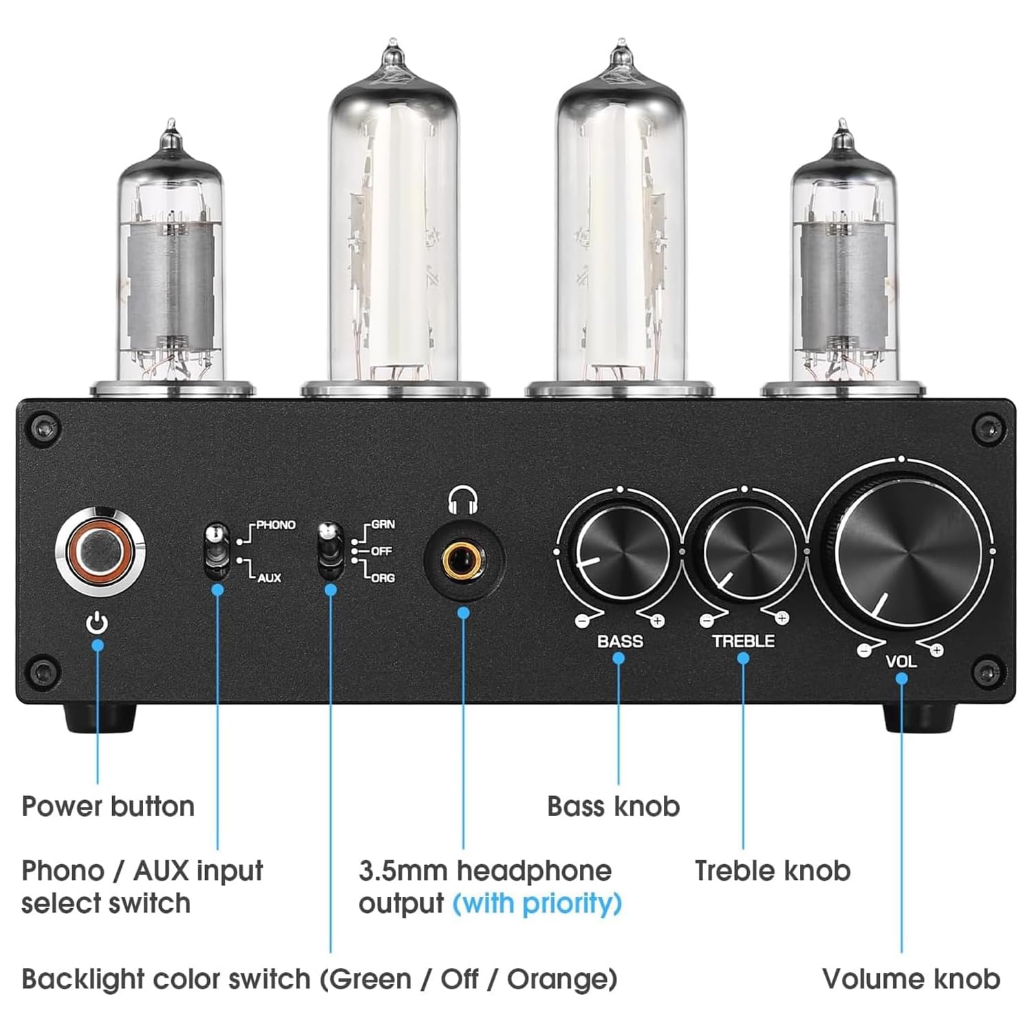 Phono Preamplificador de tubo de vacío con control de ganancia y perilla de volumen, reproductor de discos MM, RCA estéreo/3,5 mm para sistema de audio doméstico