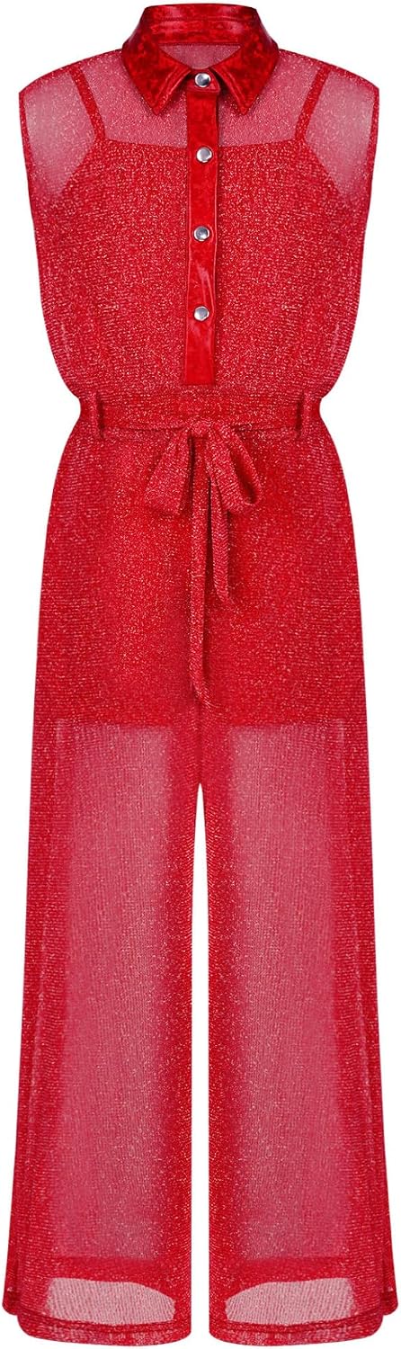 Shinsto Kids Disco Dance Jumpsuit Long Pants Bodysuit | Dance Practice,for Vacation,Everyday Garment,Sparkly,Summer Casual Jumpsuit,Event Apparel,Birthday Party Costume