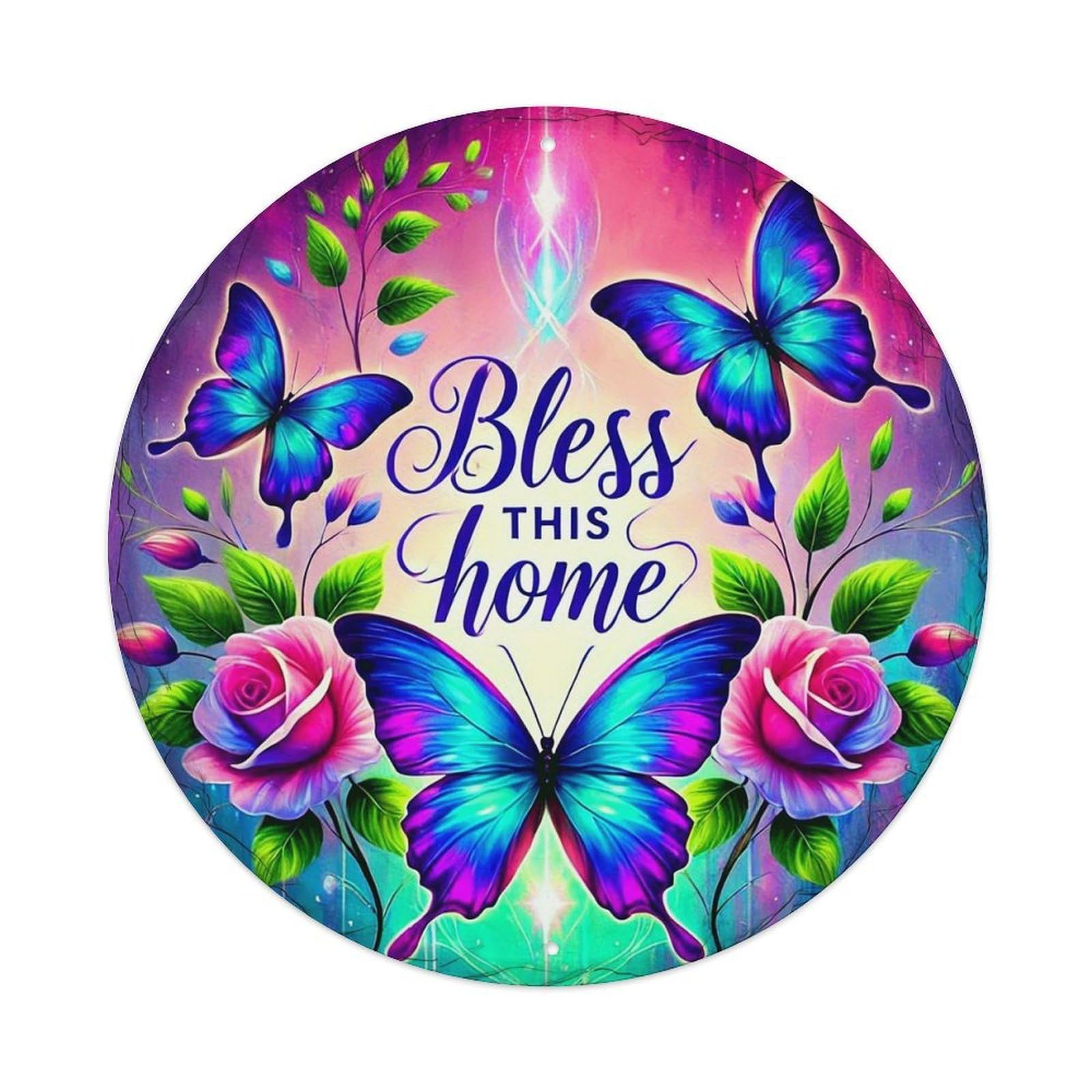 Butterfly Roses Light Blessing Home Round Tin Sign Vintage Metal Sign Home Bar Garden Indoor & Outdoor Wall Decor Retro Metal Poster 8x8 Inch