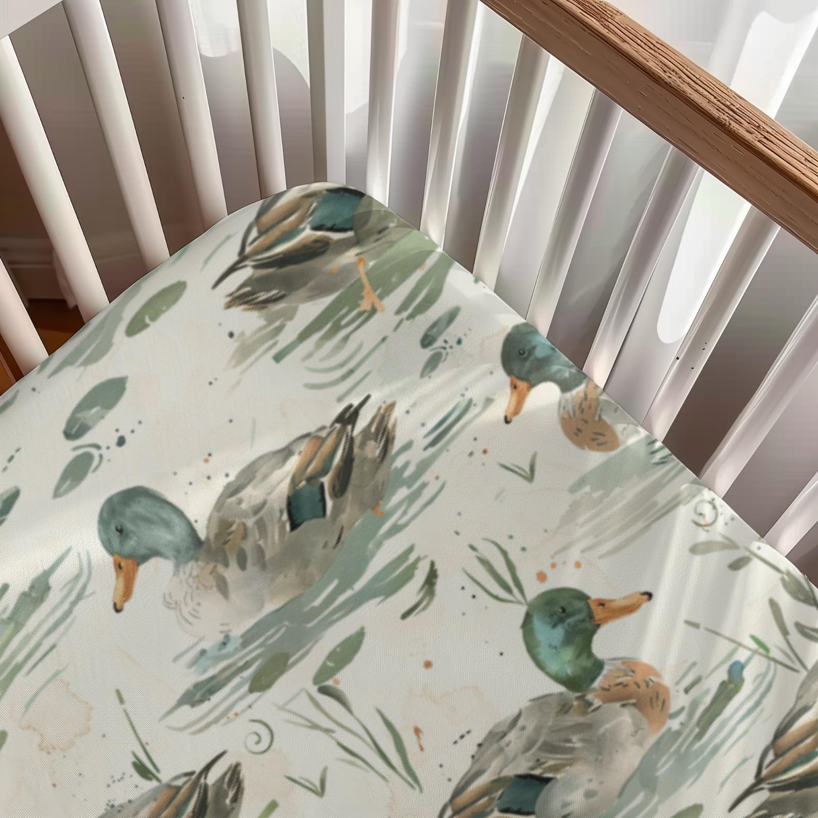 Cute Ducks Pattern Baby Sheets for Crib, Unisex Mallard Ducks Leaves Nursery Fitted Bed Sheet for Boys Girls Standard Crib and Toddler Mattress-28x52