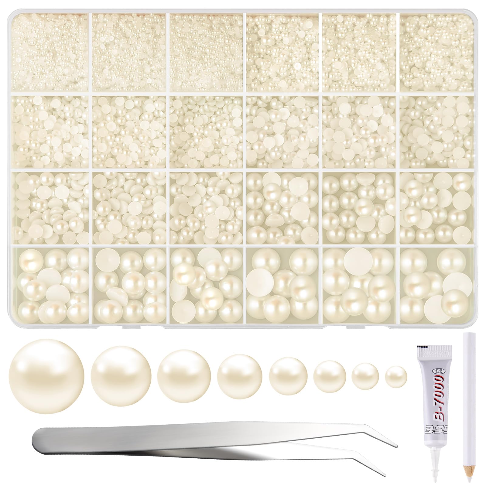 NACHLYNN 12000 Pcs Flat Back 8 Sizes Beige Flatback Pearl Beads Half Pearl Bead Half Round Pearls for Crafts Embellishment Shoes DIY Phone Case Making