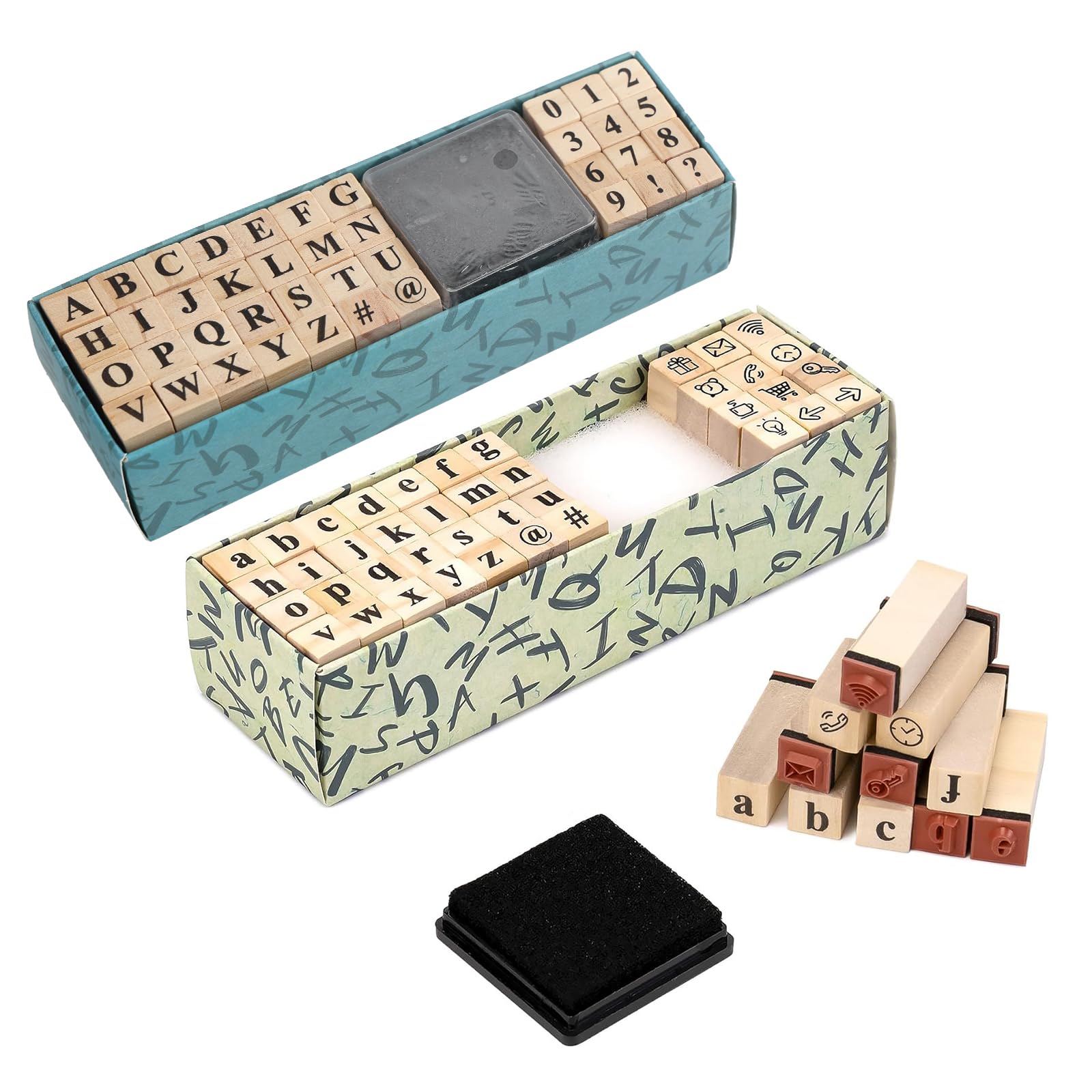 FENGQQKJ 80 Piece Letter Stamps Set, Alphabet Letters Numbers Set Numbers and Symbols with Stamp Pad Wooden Stamps Letters for Scrapbooking Art Craft Card Making