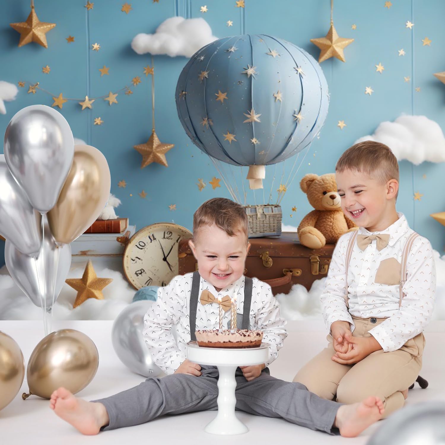 Fondo para Primer Cumpleaños 2.2x1.5m, Oso Azul con Globo Aerostático - Fotografía para Niño de 1 Año Baby Shower Fiesta Decor Banner Accesorios de Estudio