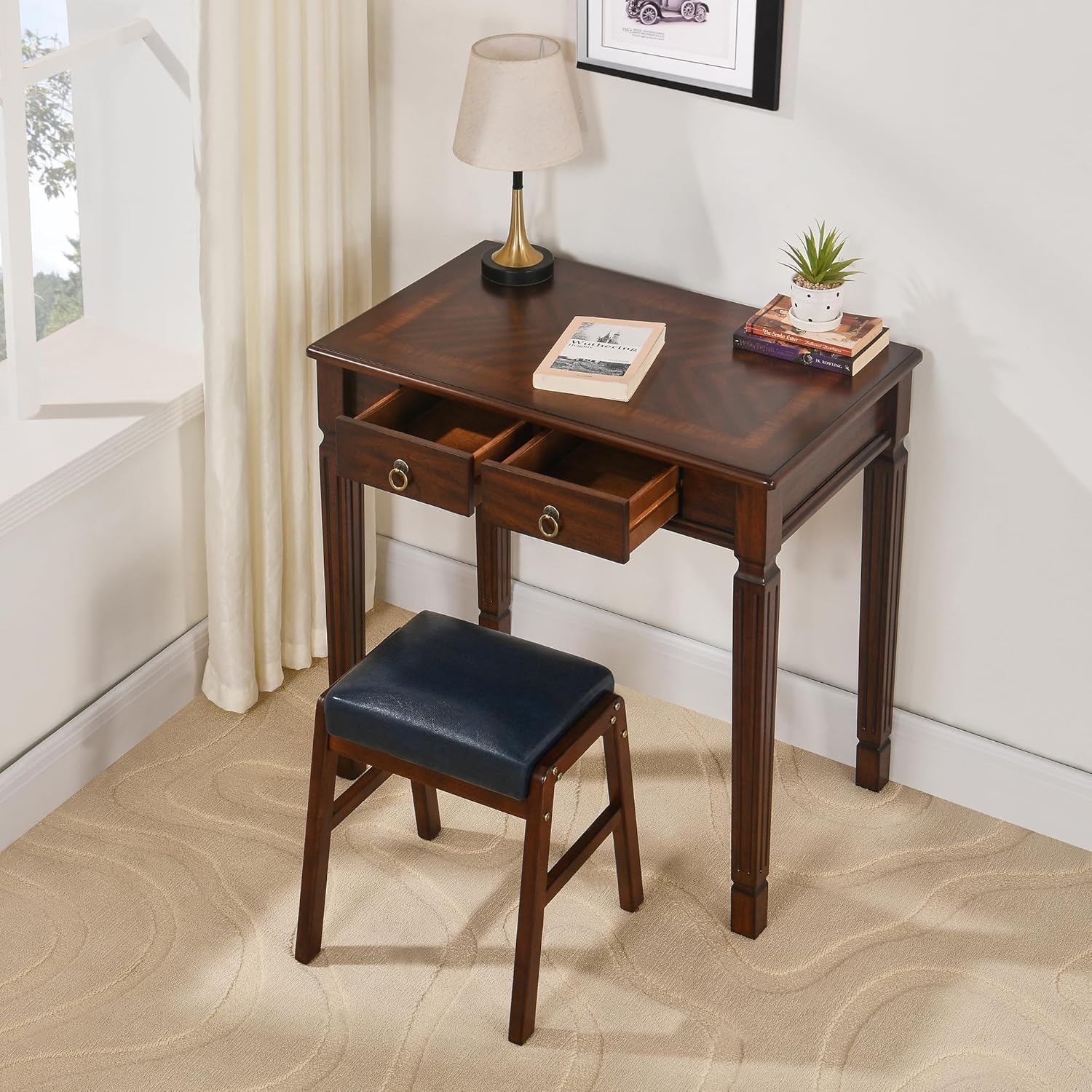 PADMA HOUSE Scrittoio in Legno Massiccio 80cm, Scrivania Vintage con 2 Cassetti, Tavolo da Studio Robusto per Computer e Ufficio, Mobile Salvaspazio Stile Classico